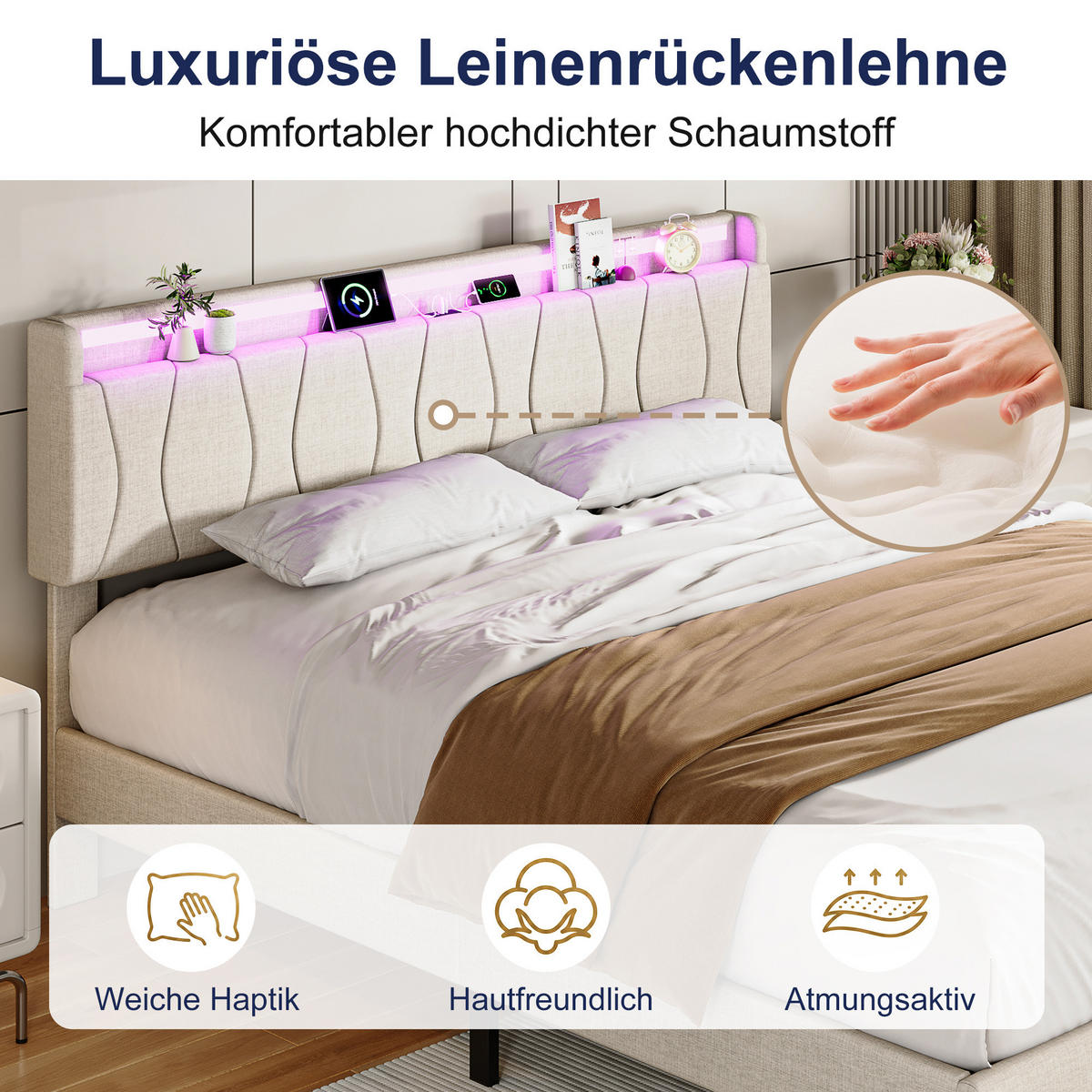 BETT 140x200 cm mit lattenrost, polsterbett mit USB und LED, leinenstoff, beige - Beige, Holz/Metall (140/200cm) - GENKI LIVING
