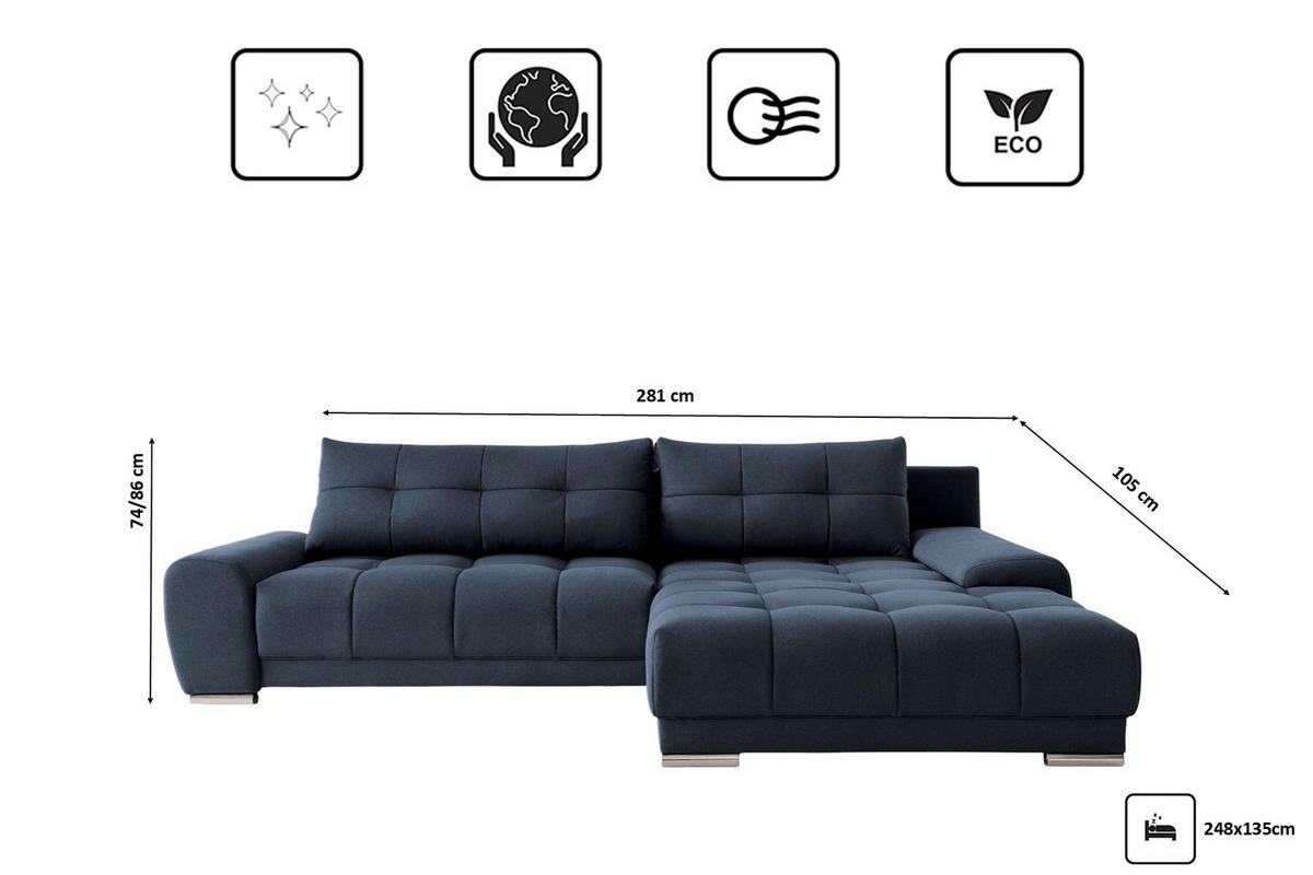 ECKSOFA WAVE Mit Schlaffunktion, Stoff SORO, Dunkelblau Rechts - Dunkelblau, Holz (281/105cm) - Kaiser Möbel