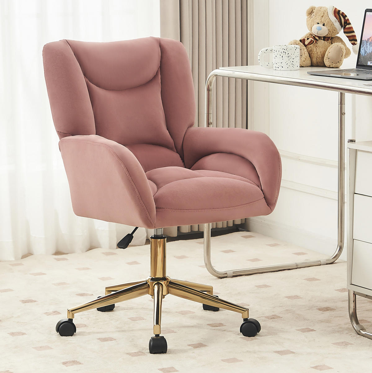 DREHSTUHL Samt höhenverstellbar und 360° drehbar 64/62/92.5 cm Rosa - Rosa, Textil (62/92.5/64cm) - Redom