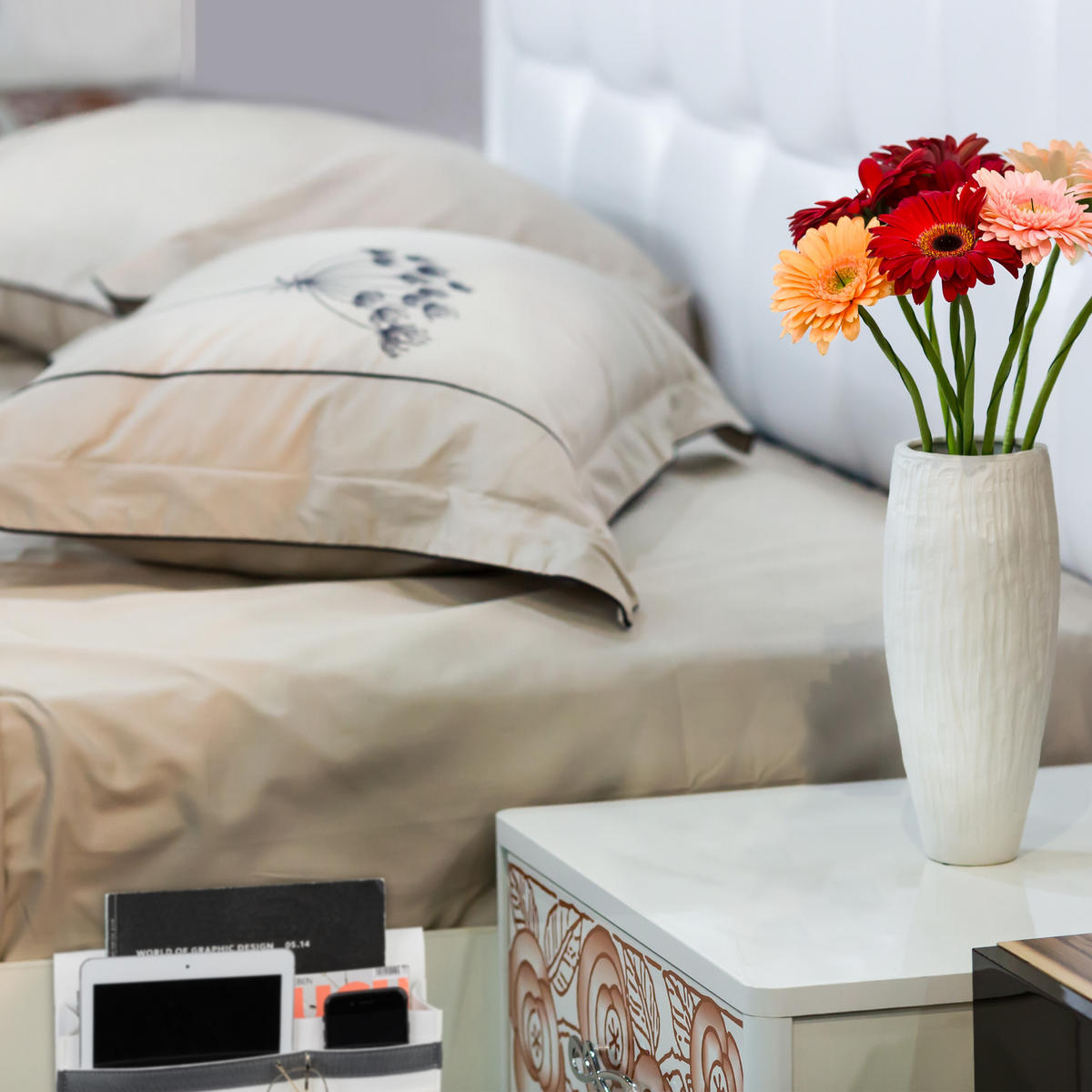 BETTTASCHE - Grau, Textil - Relaxdays