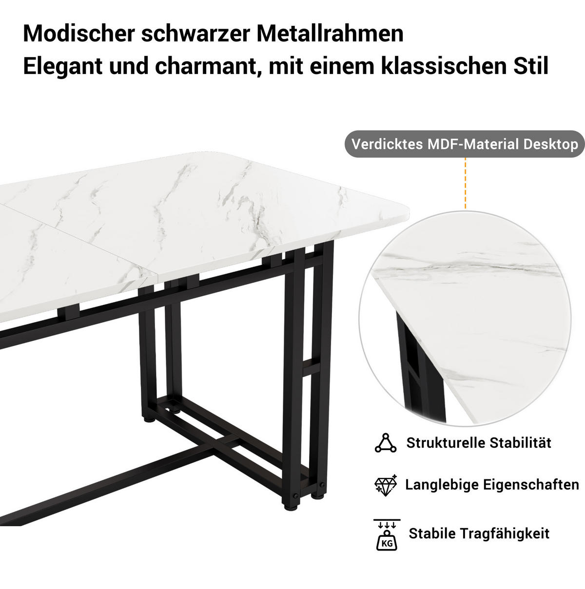 ESSTISCH 120/70 cm Schwarz, Weiß aus MDF mit schwarzen Metallbeinen - Weiß, Holzwerkstoff (120/70/74cm) - OKMYHOME