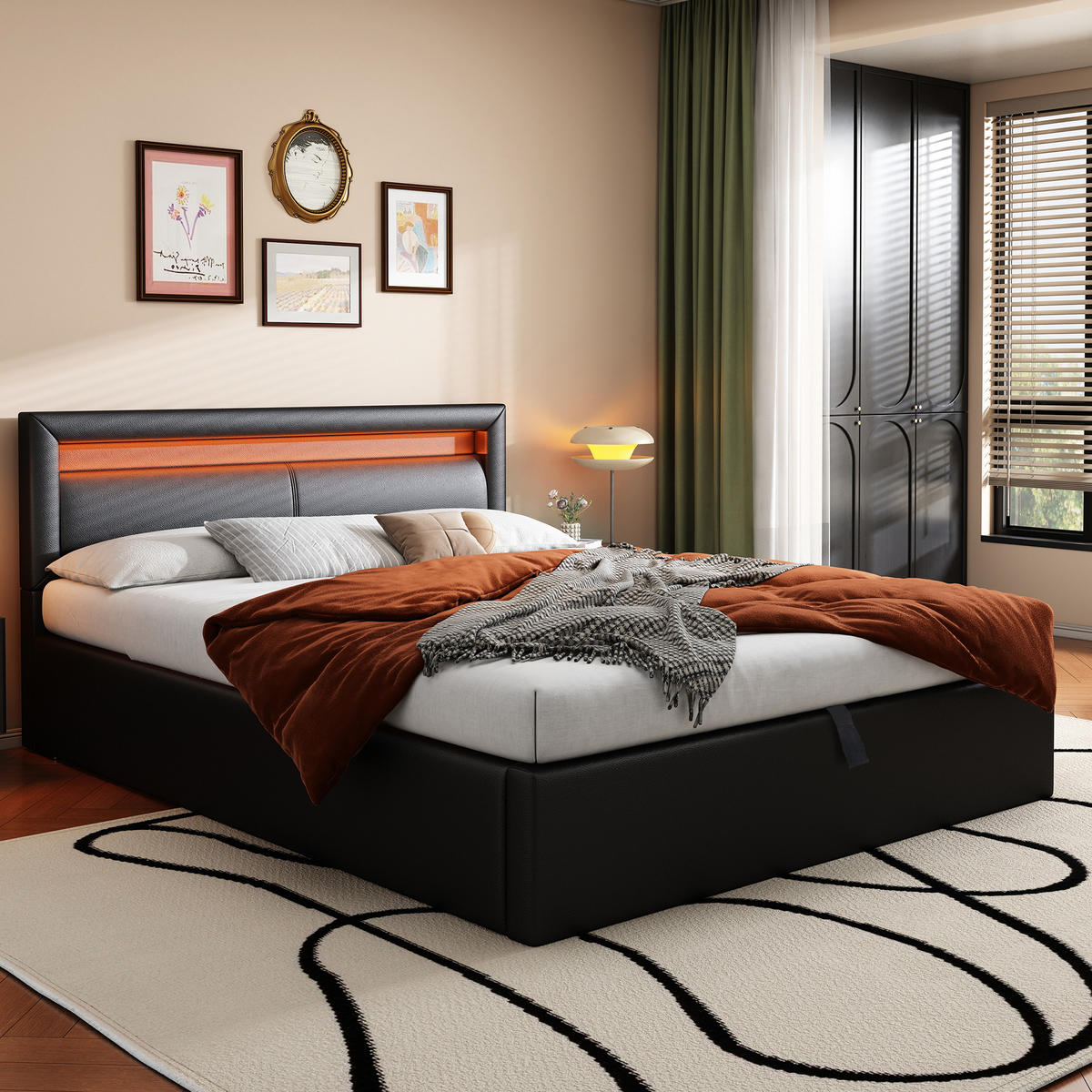 POLSTERBETT 140x190 LED Lattenrost Stauraum Schwarz - Schwarz, Leder - FLIEKS