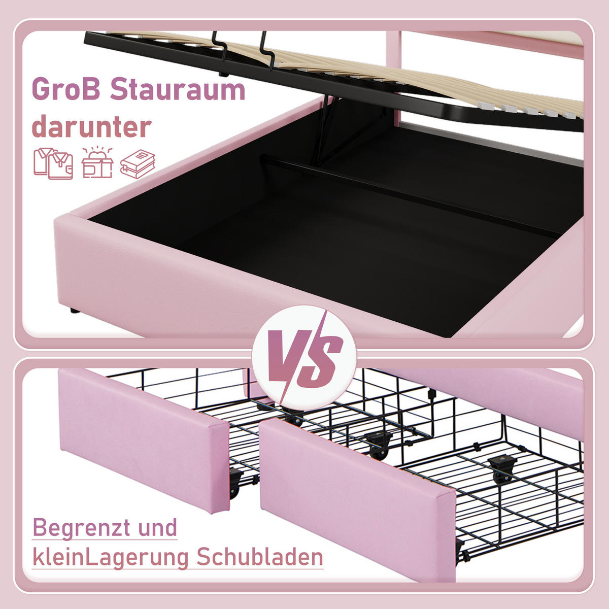 POLSTERBETT 140x200cm Rosa PU Kronprinzessinnenform Hydraulik LED-Licht - Pink, Holz (140/200cm) - FLIEKS