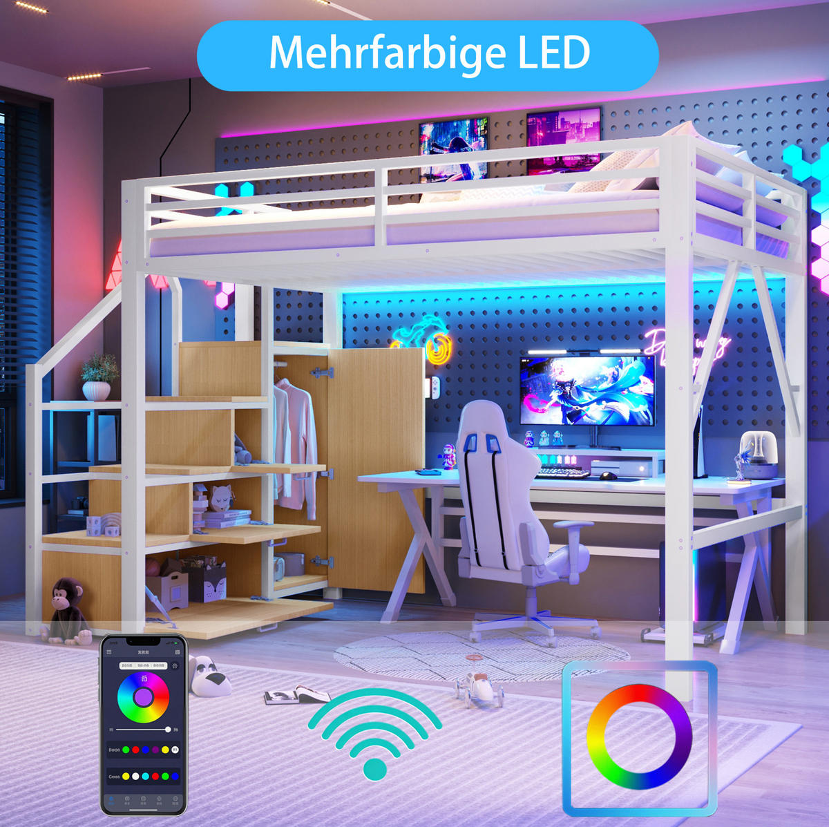 HOCHBETT 140/200 cm Weiß mit LED und Kleiderschrank - Weiß, Metall (140/200cm) - MIVRAY