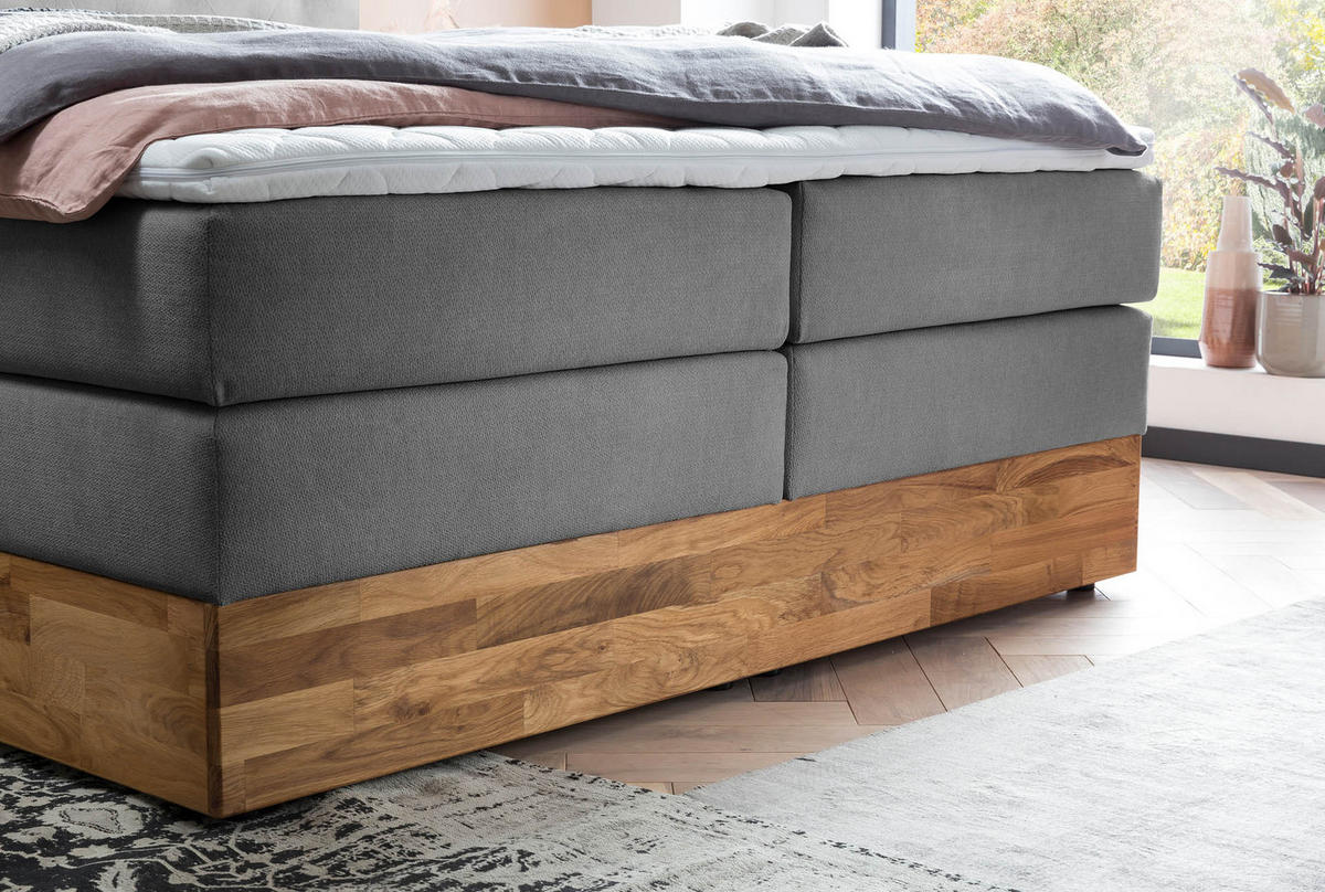 BOXSPRINGBETT MARBO 180x200 Anthrazit H2 und H3 mit Bettkasten 7-Zonen Taschenfederkern Matratze inkl. Visco Topper und Eiche - Anthrazit, Textil (180/200cm) - Belanoti