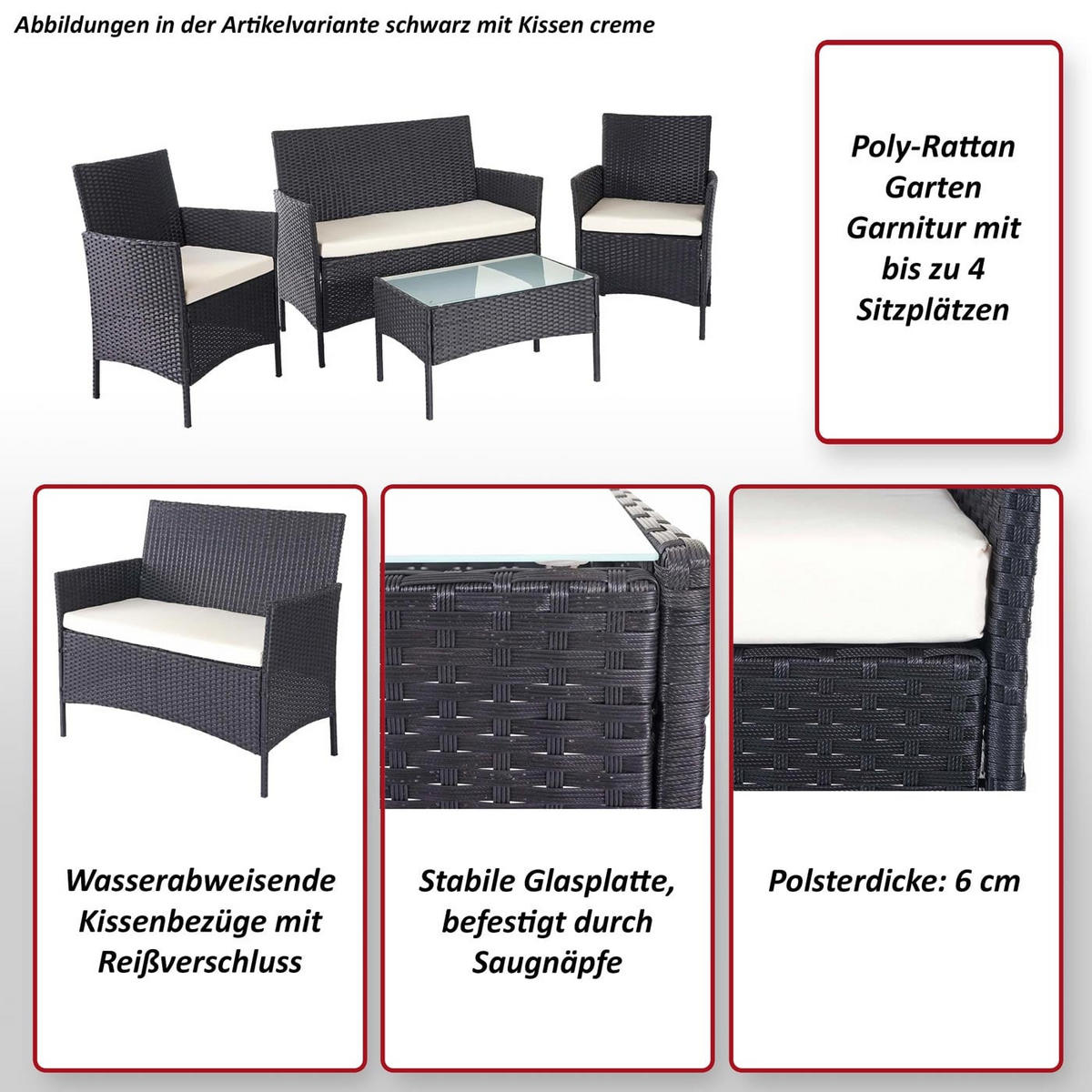 GARTEN-GARNITUR Polyrattan Braun-Meliert Kissen Creme - Braun, Metall - PROREGAL