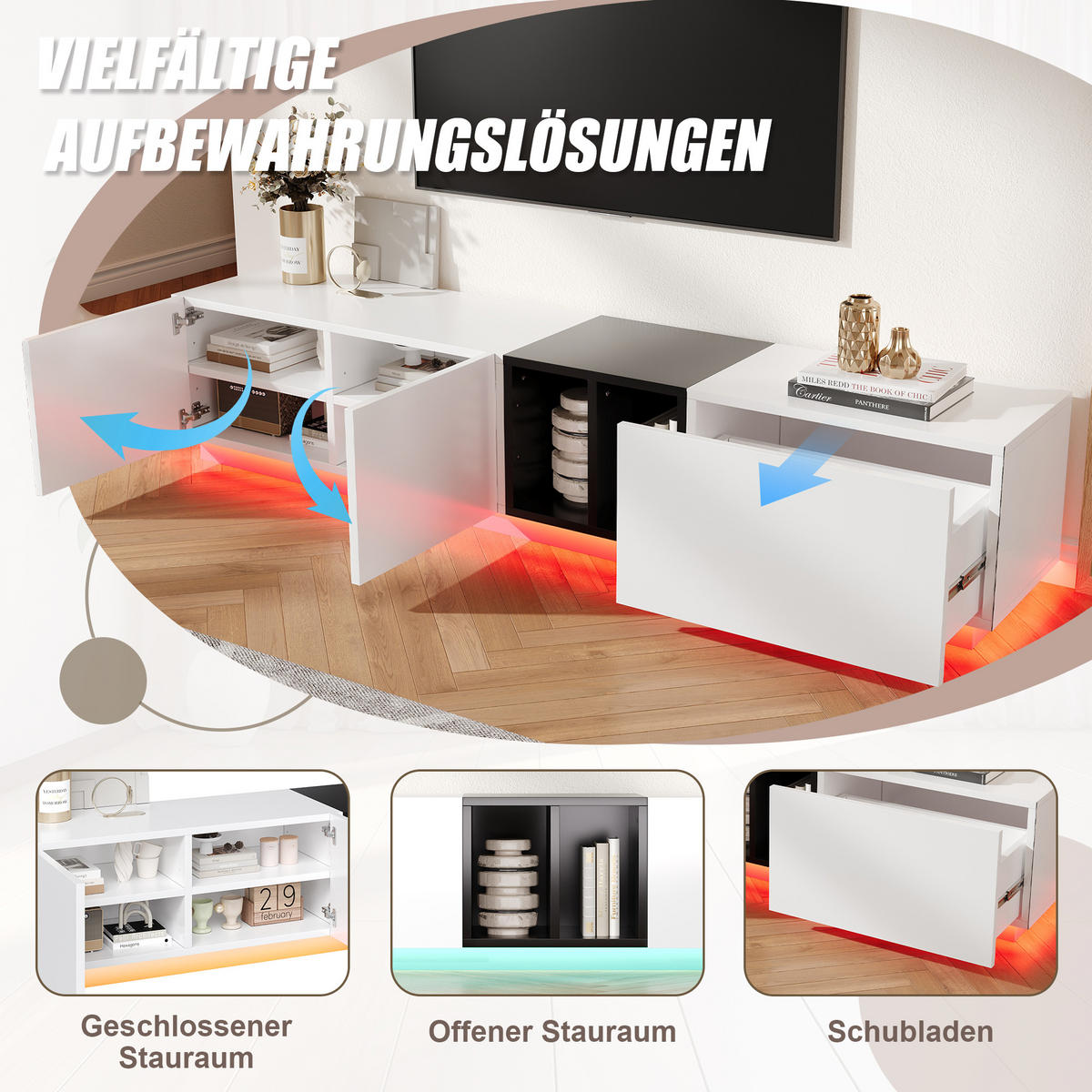 LOWBOARD in Weiß TV-Schrank modern, schlicht, Schubladen + offene Fächer, robust, Wohnzimmer, B120/T40/H50cm - Weiß, Holzwerkstoff/Metall (190/35/40cm) - STILVORA