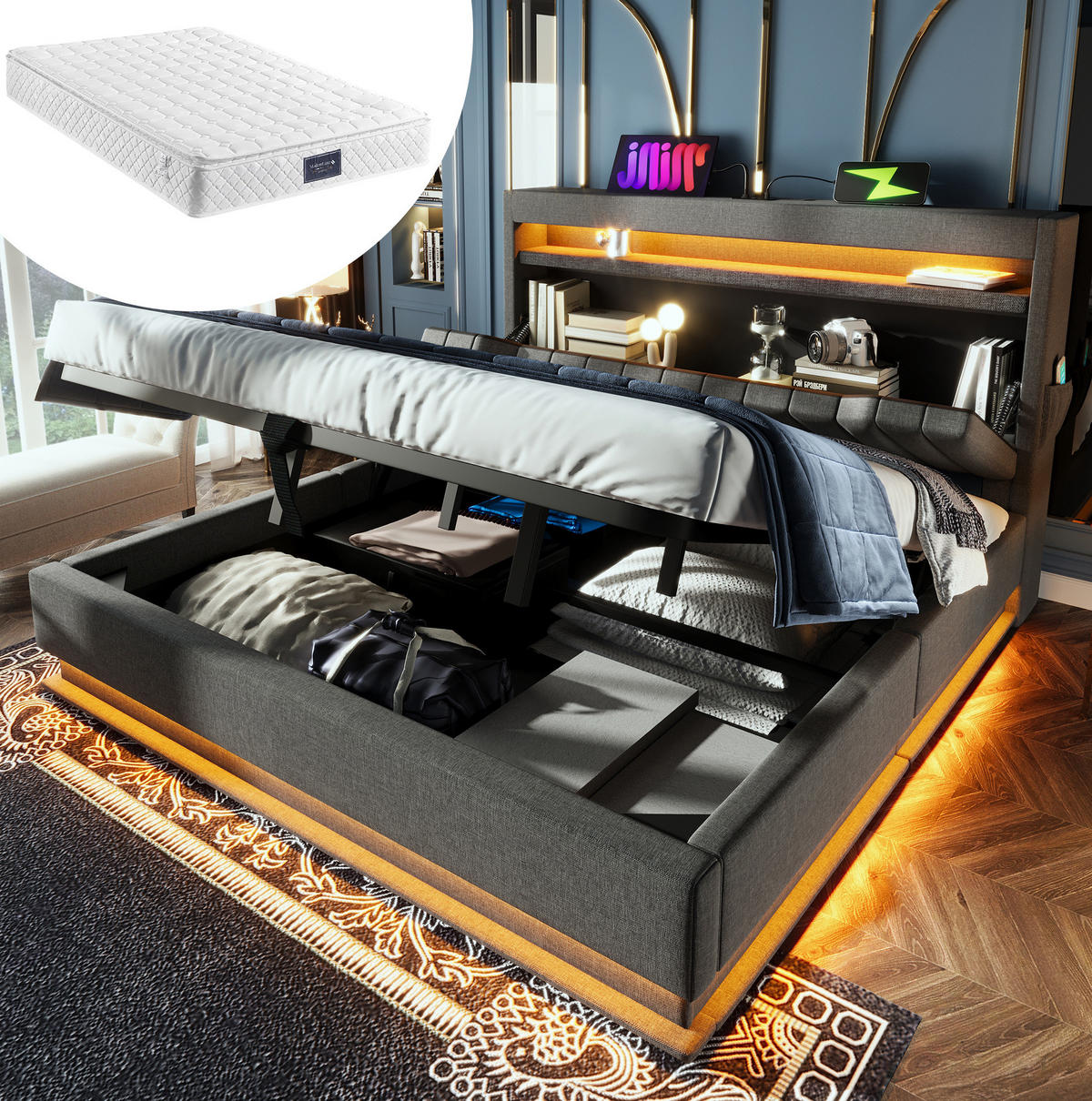 POLSTERBETT 140/200 cm mit LED, USB, Matratze, Type-C, Stauraum-Kopfteil und hydraulischem Bettkasten, Leinen, Grau - Grau, Textil (140/200cm) - Redom