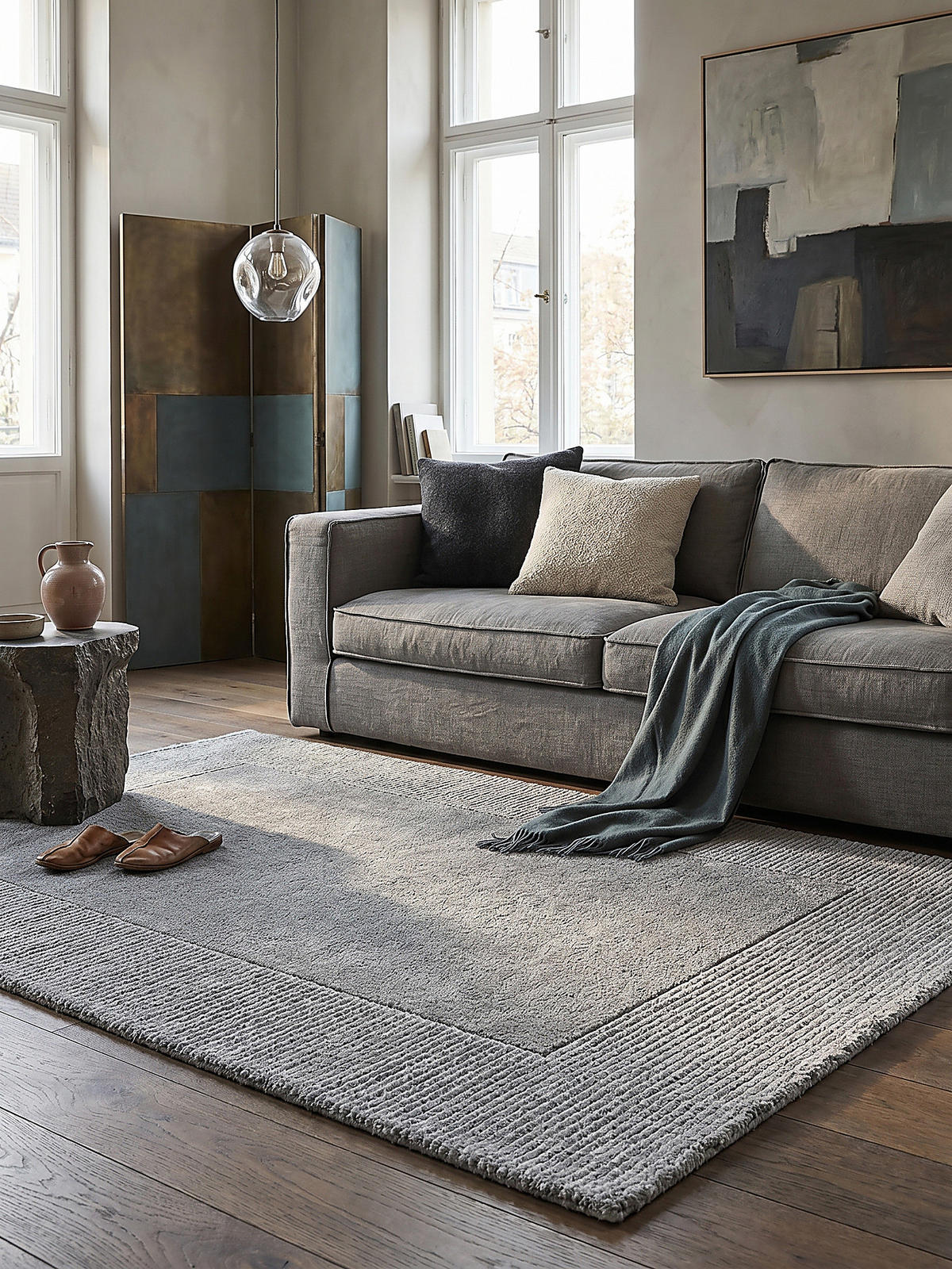 WOLLTEPPICH Uni-Design, mit Randdetails, handgewebt MOLE, Grau 120x170 cm - Grau, Textil (170/120cm) - KADIMA DESIGN