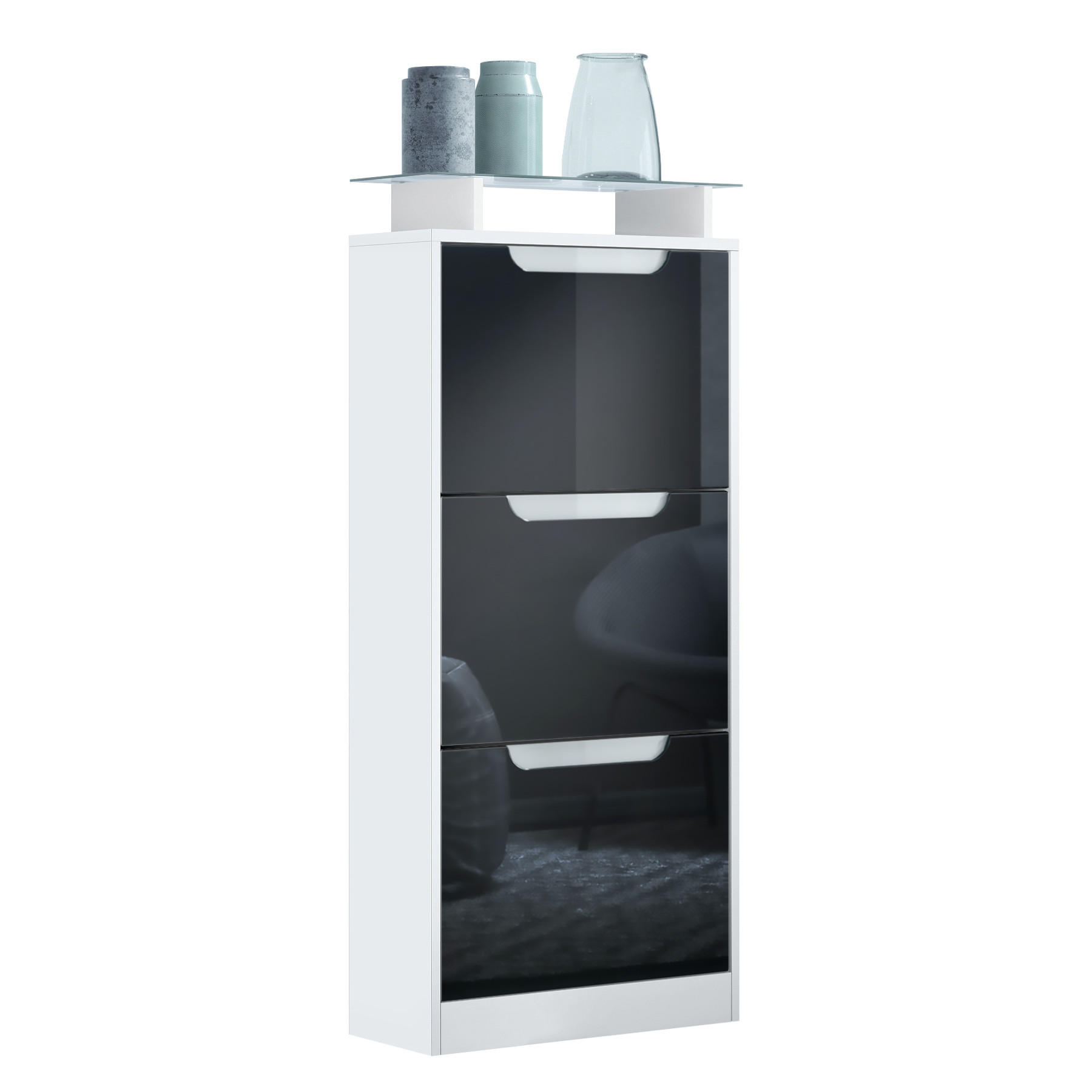 SCHUHSCHRANK Space Schwarz Hochglanz - Schwarz Hochglanz, Holzwerkstoff (46/128/23cm) - Vladon