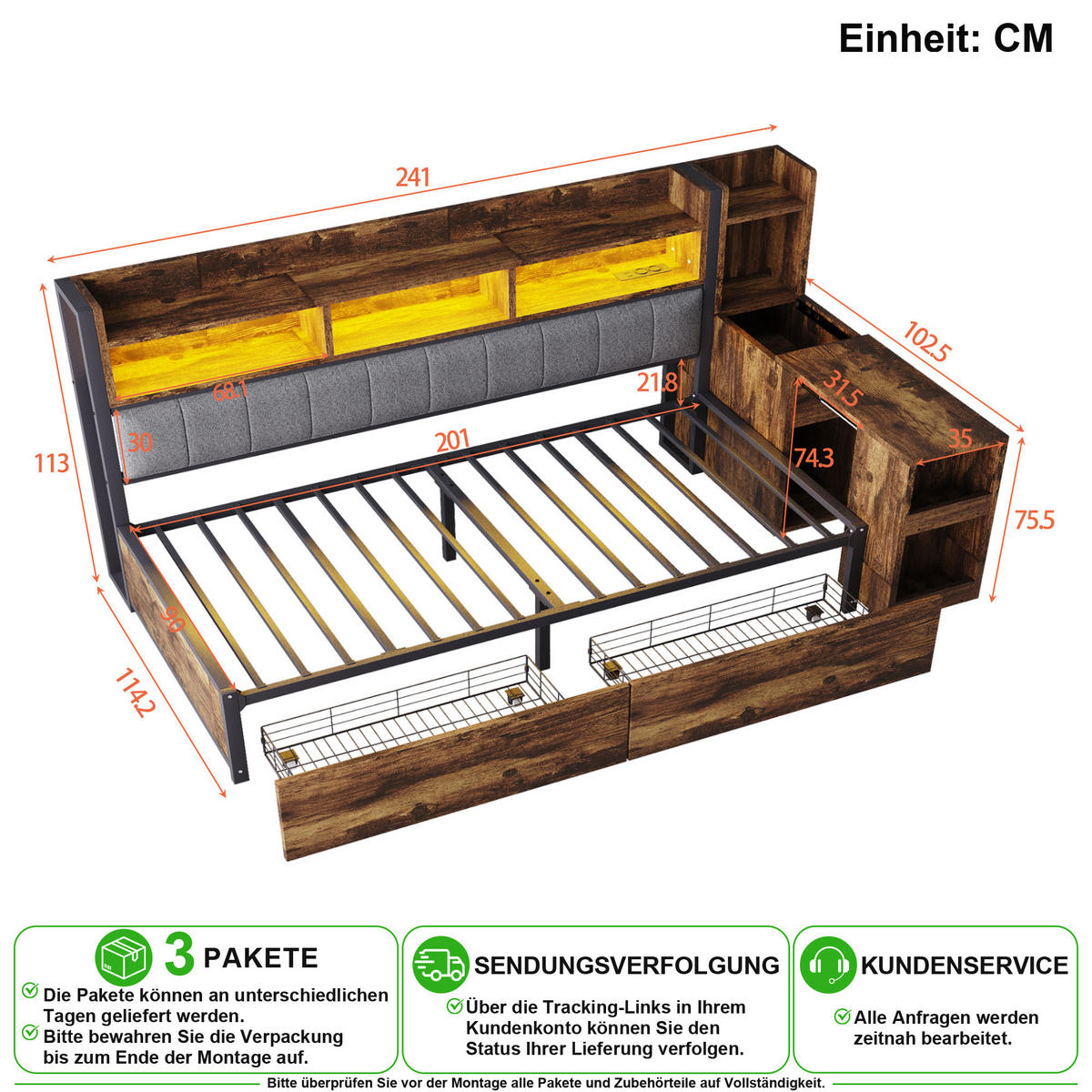 BETT 90/200 cm in Natur mit 2 Schubladen, Schreibtisch und Steckdose - Braun, Holzwerkstoff/Metall (90/200cm) - CHICFURN