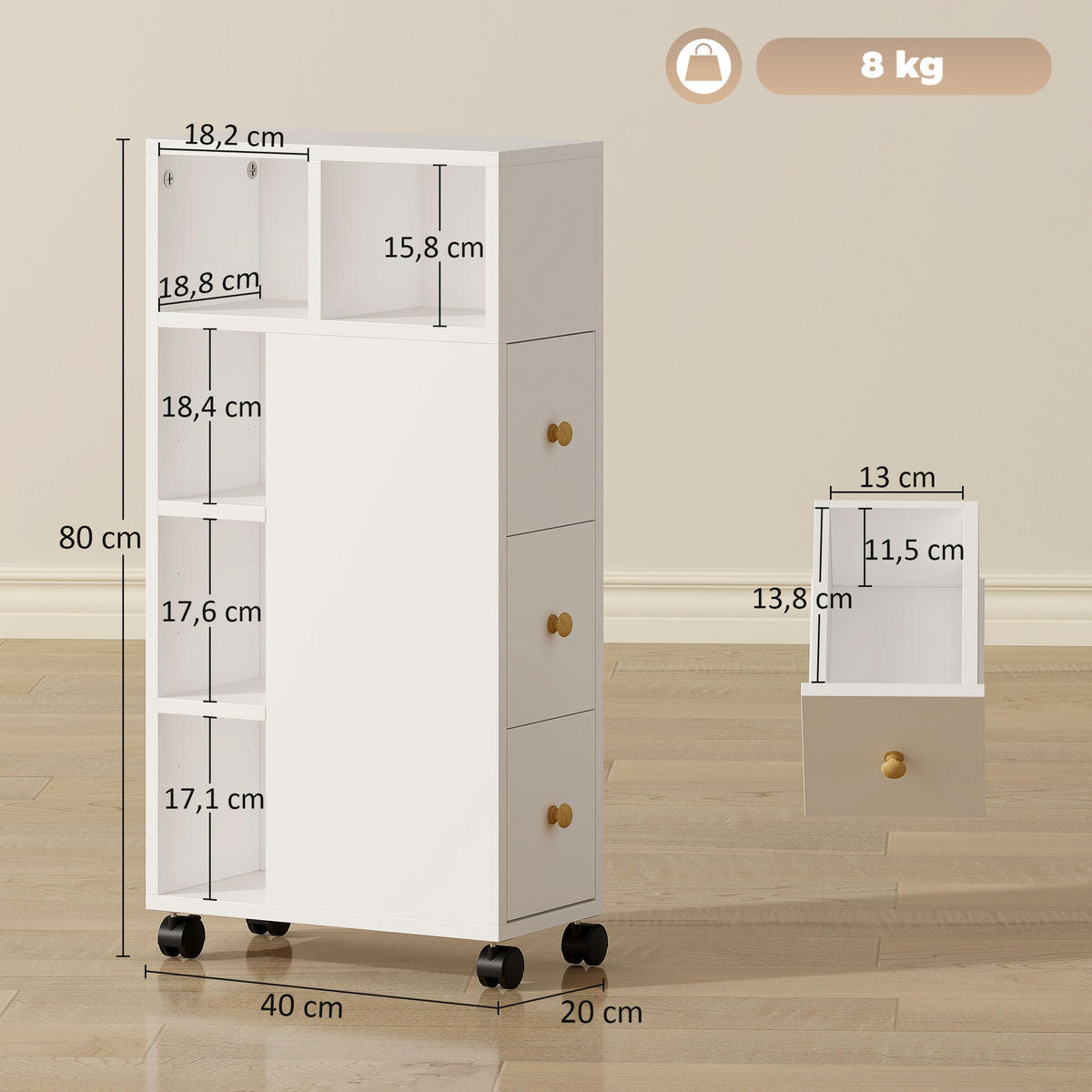 BADEZIMMERSCHRANK Schmal mit 4 Rollen, 3 Schubladen, 5 offenen Fächern, Weiß - Weiß, Holzwerkstoff (20/80/40cm) - HOMCOM