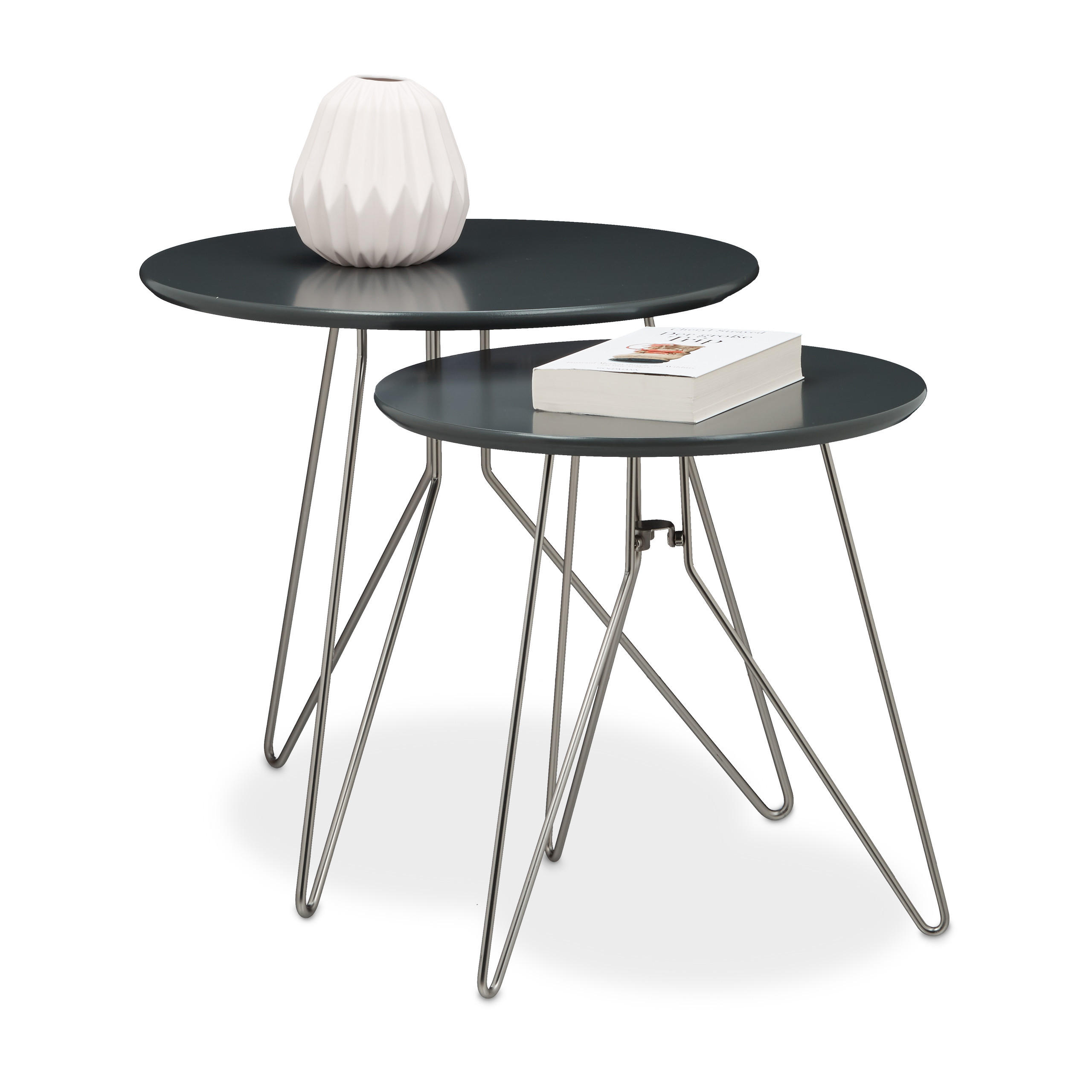 Relaxdays PŘÍRUČNÍ STOLEK Dřevodekor Niklová 2dílný-Set MDF kov 48 cm