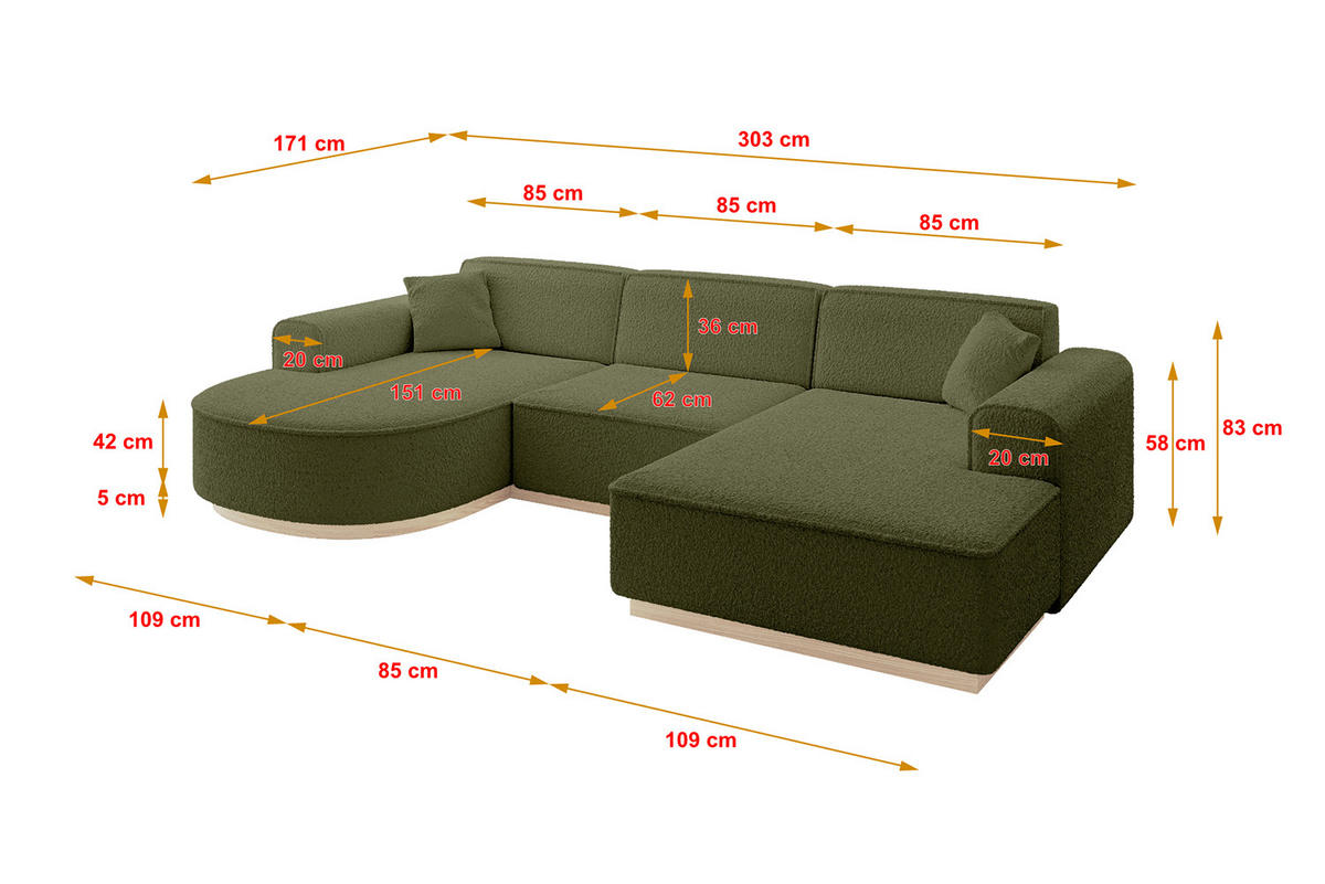 WOHNLANDSCHAFT ARRIO-U1 303x171x83 cm Olivgrün - Olivgrün, Holzwerkstoff/Textil (303/83/171cm) - ALTDECOR