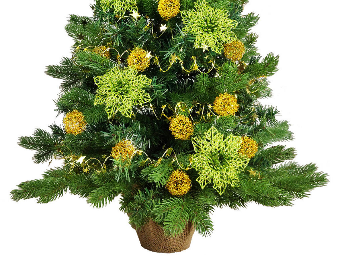 WEIHNACHTSBAUM künstlicher 60 cm mit LED-Beleuchtung, ZAUBERNACHT, mit 41 Weihnachtsbaumschmuck, Pflanztopf mit Jutesack - Goldfarben/Grün, Kunststoff/Stein (40/60cm) - LAALU