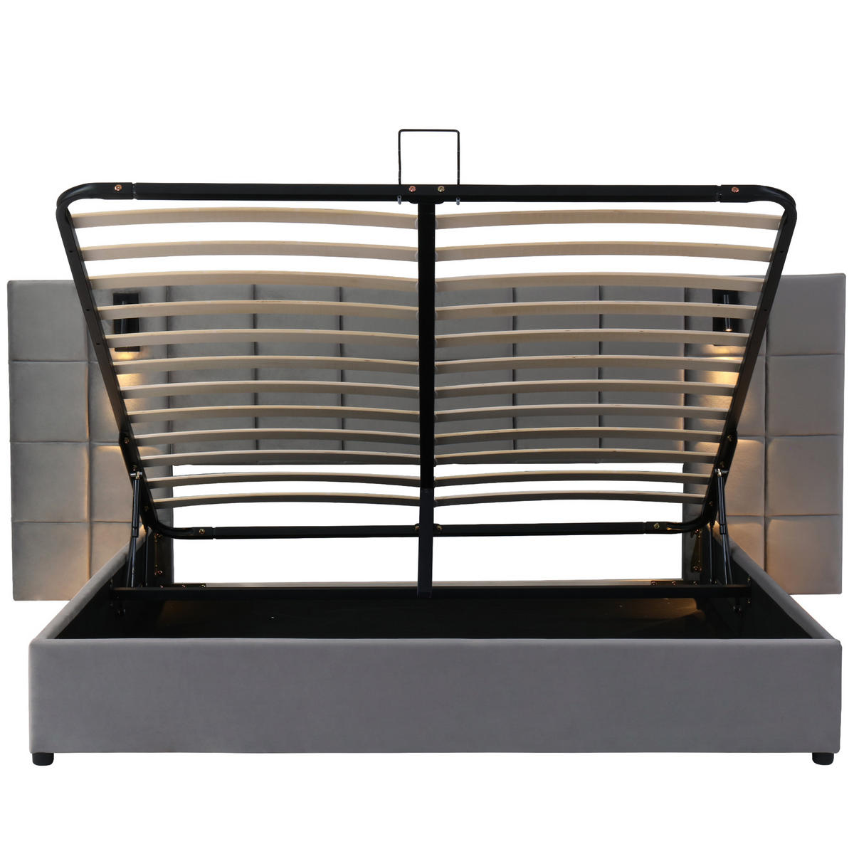 POLSTERBETT 140/200 cm Grau mit hydraulischem Stauraum und Leselicht - Grau, Metall (140/200cm) - OKWISH
