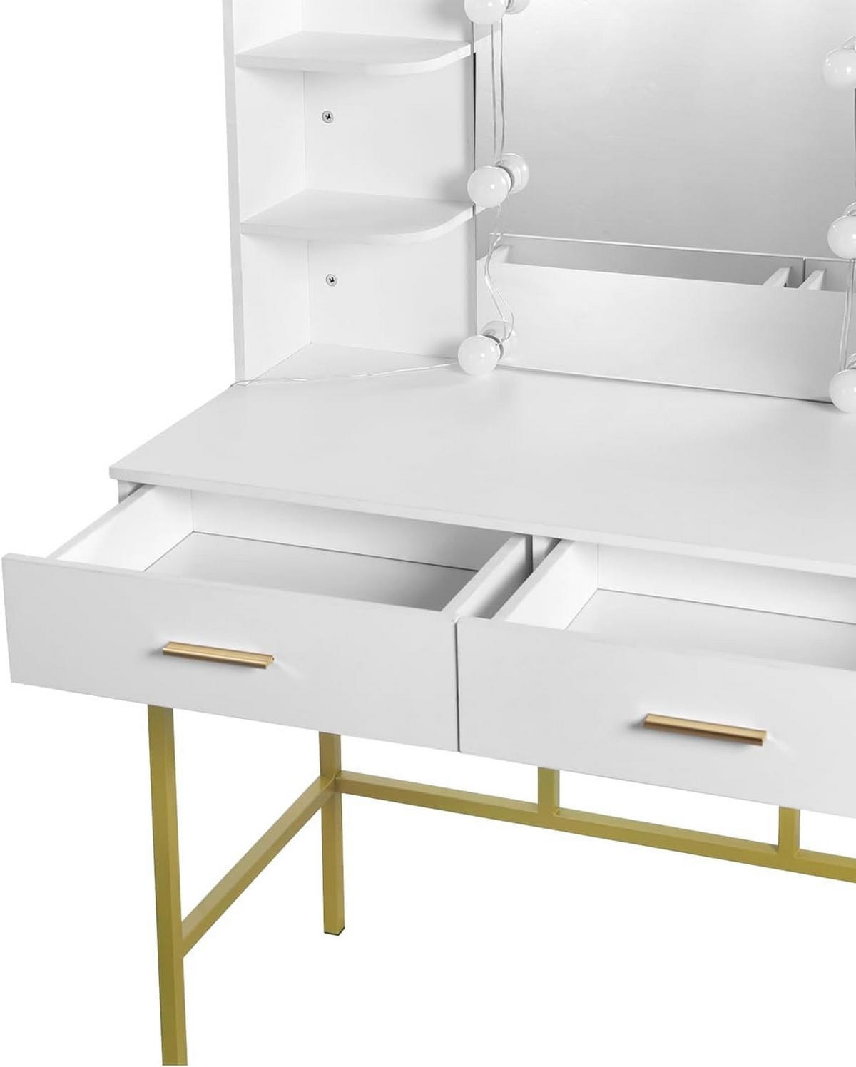 SCHMINKTISCH mit Spiegel LED-Beleuchtung, Metall, Weiß Gold - Goldfarben/Weiß, Holzwerkstoff/Metall (90/136/45cm) - Woltu