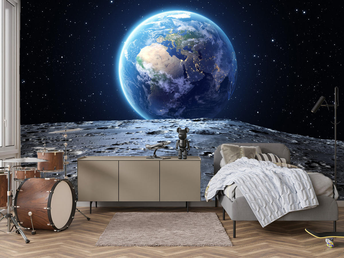 FOTOTAPETE für Schlafzimmer Mondblick Erde Kosmos Planet 500x350 - Blau/Schwarz, Papier (500/350cm) - Muralo