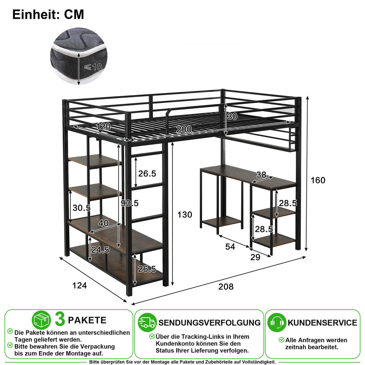 HOCHBETT 120/200 cm in Schwarz & Dunkelwalnuss mit Schreibtisch, Ablage und Leiter - Schwarz, Holzwerkstoff/Metall (120/200cm) - CHICFURN