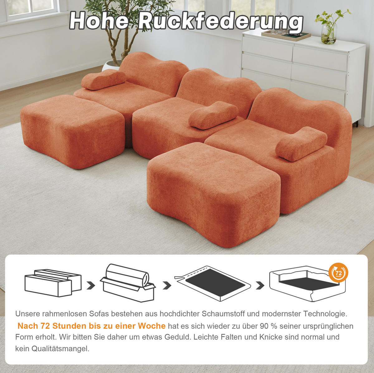 WOHNLANDSCHAFT 288/167/70 cm in Orange aus Samt mit Wellenform - Orange, Textil (167/70/288cm) - Flora Grace