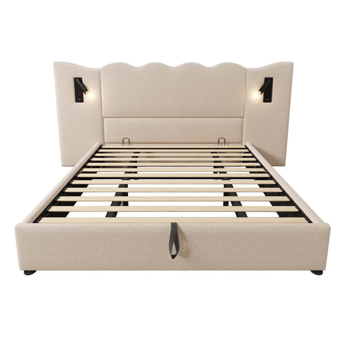 POLSTERBETT 180/200 cm Beige mit Leselampe und USB-C-Ladefunktion - Beige, Textil (180/200cm) - OKWISH