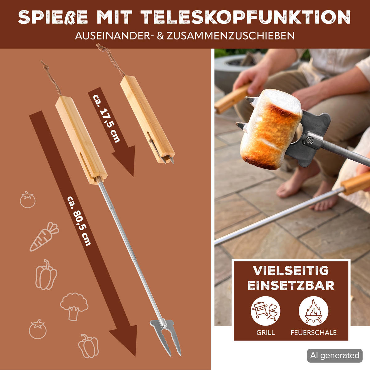 TELESKOP-GRILLGABEL 2er-Set, Edelstahl - Edelstahlfarben, Metall (8cm) - bremermann