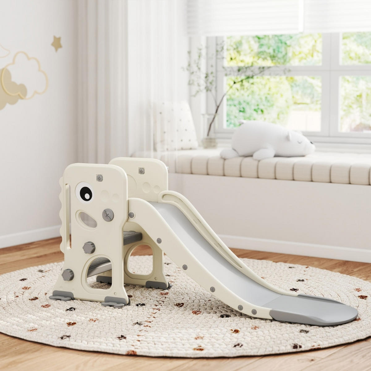KINDERRUTSCHE 3-in-1 mit Klettergerüst und Basketballkorb faltbar für 2–5 Jahre - Ecru, Kunststoff (52/65/146cm) - Korfee