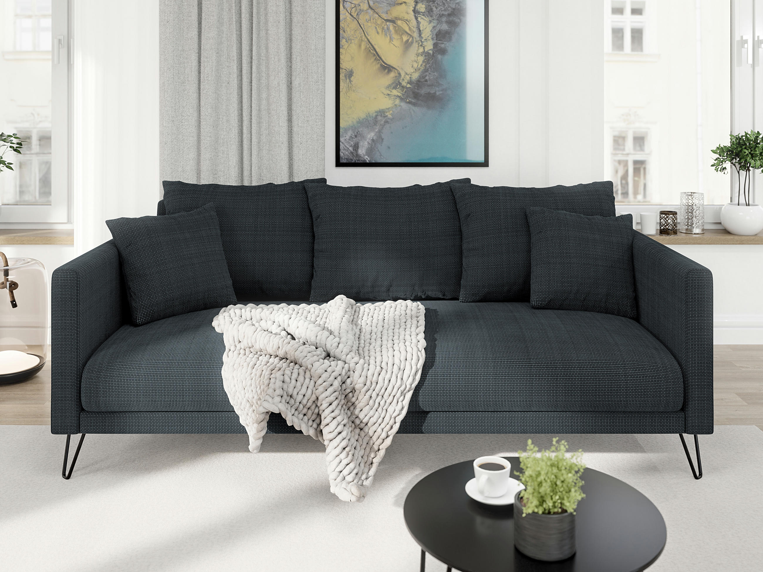 Thumbnail - S-Style Möbel 3-Sitzer-Sofa, Graphit, Textil, Echtholz,Buche, Birke, Füllung: Silikon,Silikon,Polyetherschaumkern, 200x8...