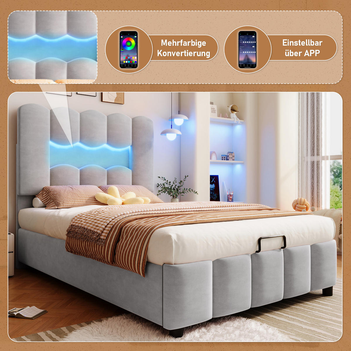 POLSTERBETT 90x200cm Grau Samt LED-Licht Hydraulik Kopfteil - Grau, Holz (90/200cm) - FLIEKS