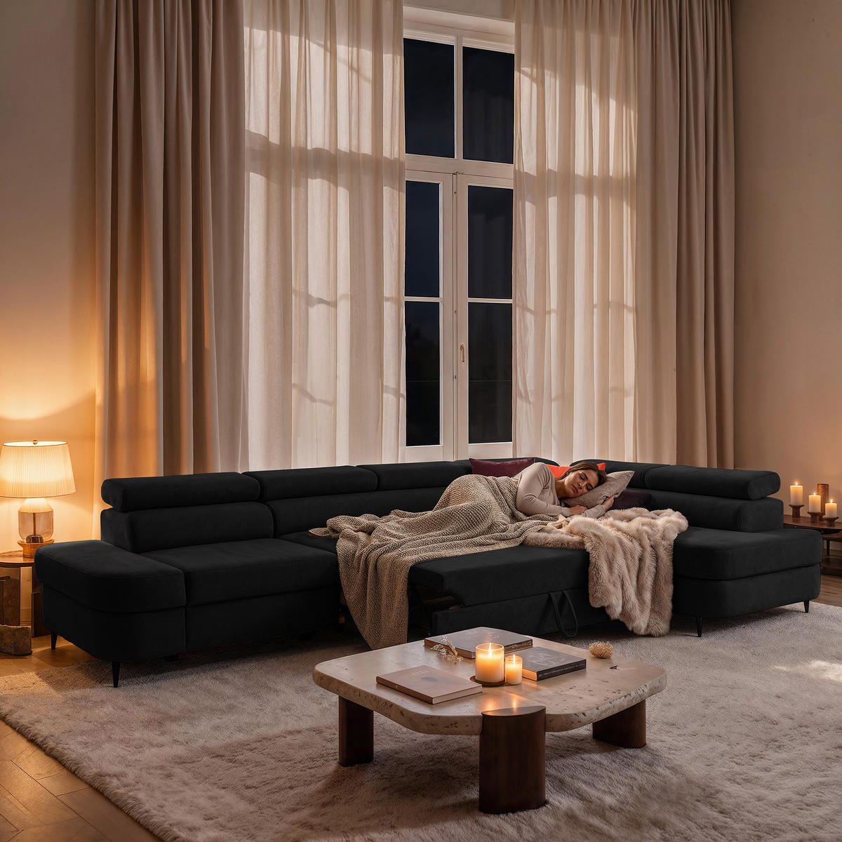 ECKSOFA PRIAM MAXI L-Form Rechts mit Schlaffunktion 125x195 Velours Anthrazit - Anthrazit/Schwarz, Holz/Textil (350/203cm) - Muffo