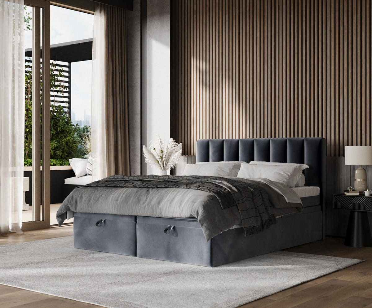 BOXBETT Lume 200/200 cm Dunkelgrau im Kronos Stoff - Dunkelgrau/Schwarz, Holz/Holzwerkstoff (200/200cm) - AltaBeds