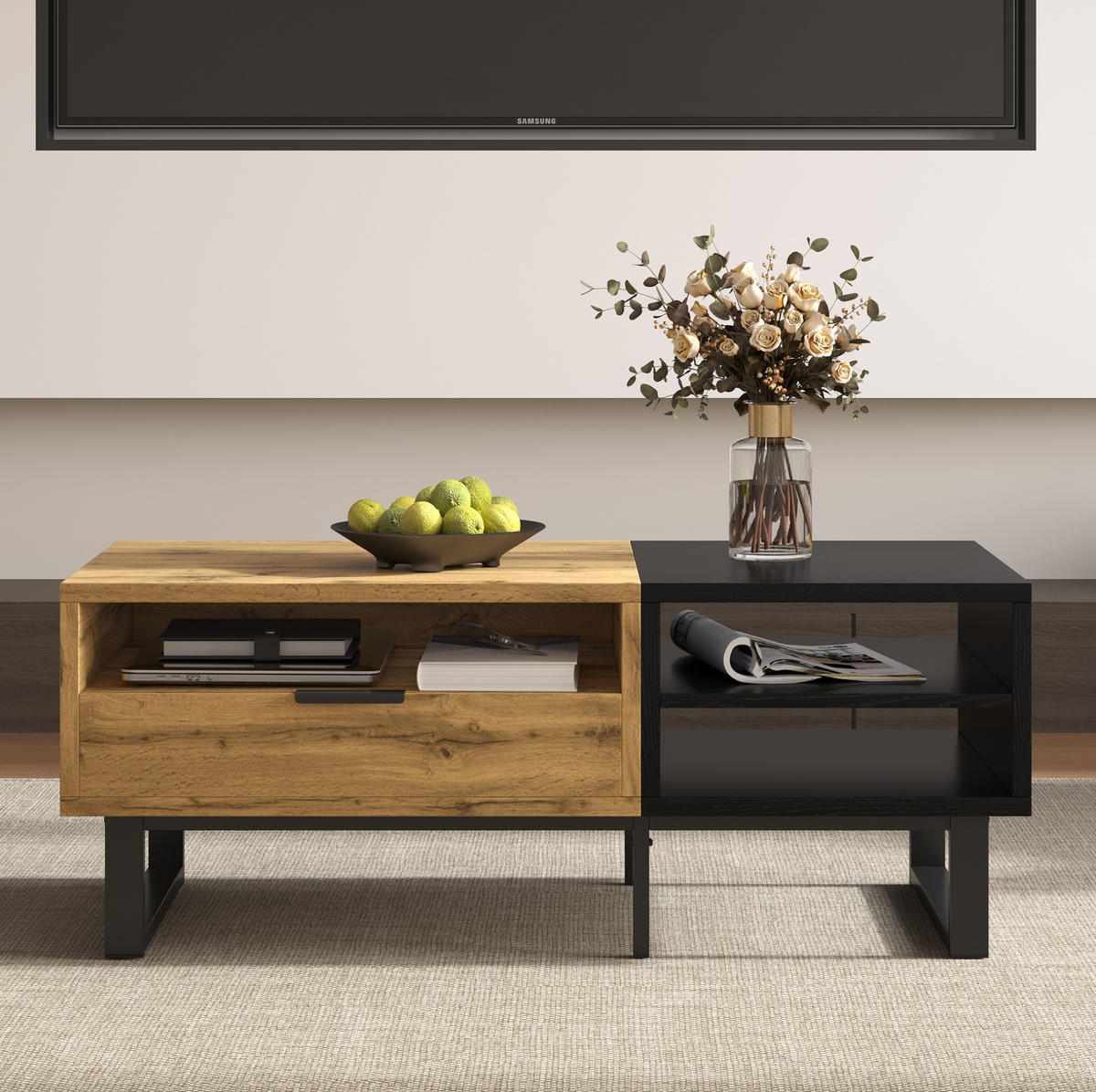 COUCHTISCH aus Spanplatte 100x50x40 cm Holz/Schwarz mit 3 offenen Fächern und Schublade - Naturfarben, Holzwerkstoff (100/50/40cm) - IVMEU