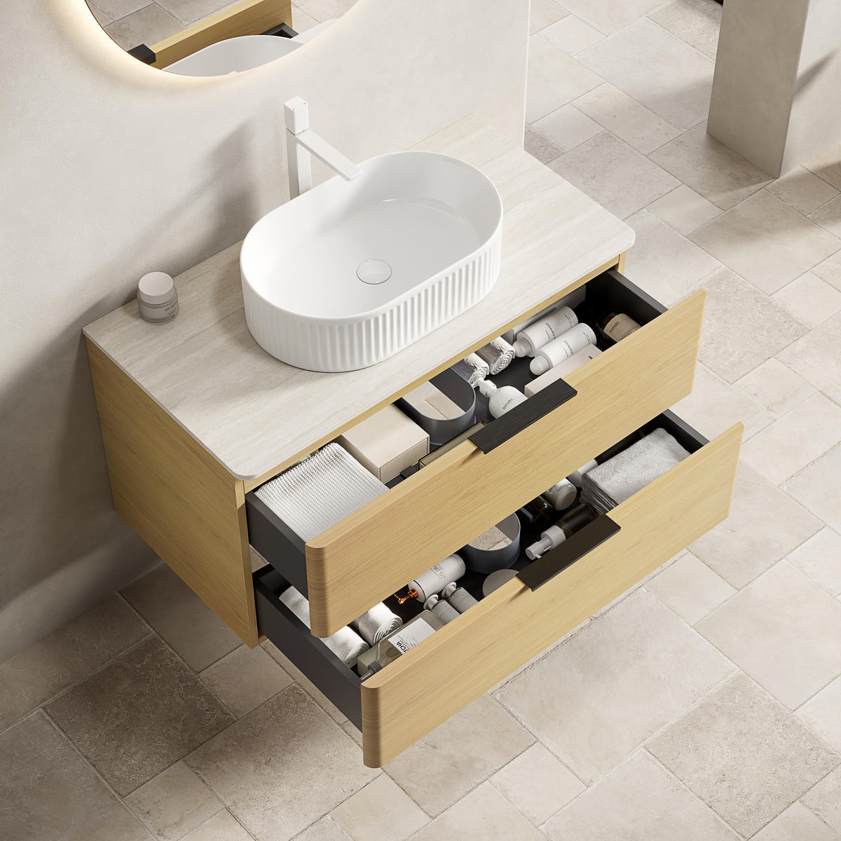 WASCHTISCHKOMBI Eiche hell schwebend mit Keramikbecken & Sintersteinplatte - Eiche San Remo, Keramik/Holzwerkstoff (90/62.2/46cm) - Urban Meuble