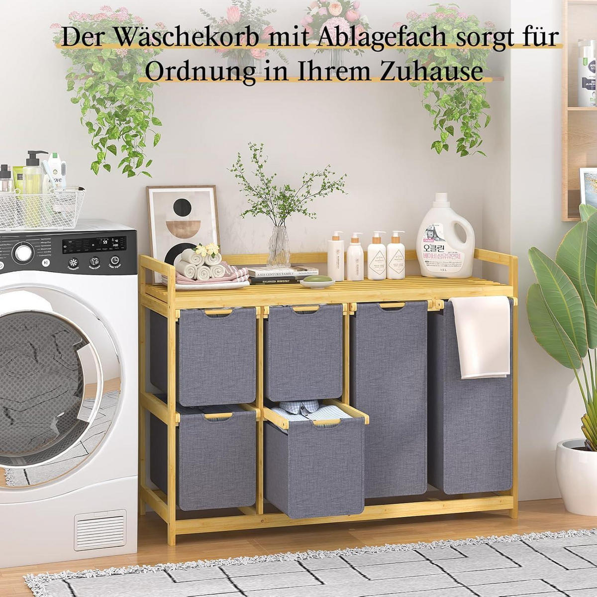 WÄSCHEKORB mit 6 Fächern und 2 Wäschesäcken Grau - Grau, Naturmaterialien (41.5/77/105cm)