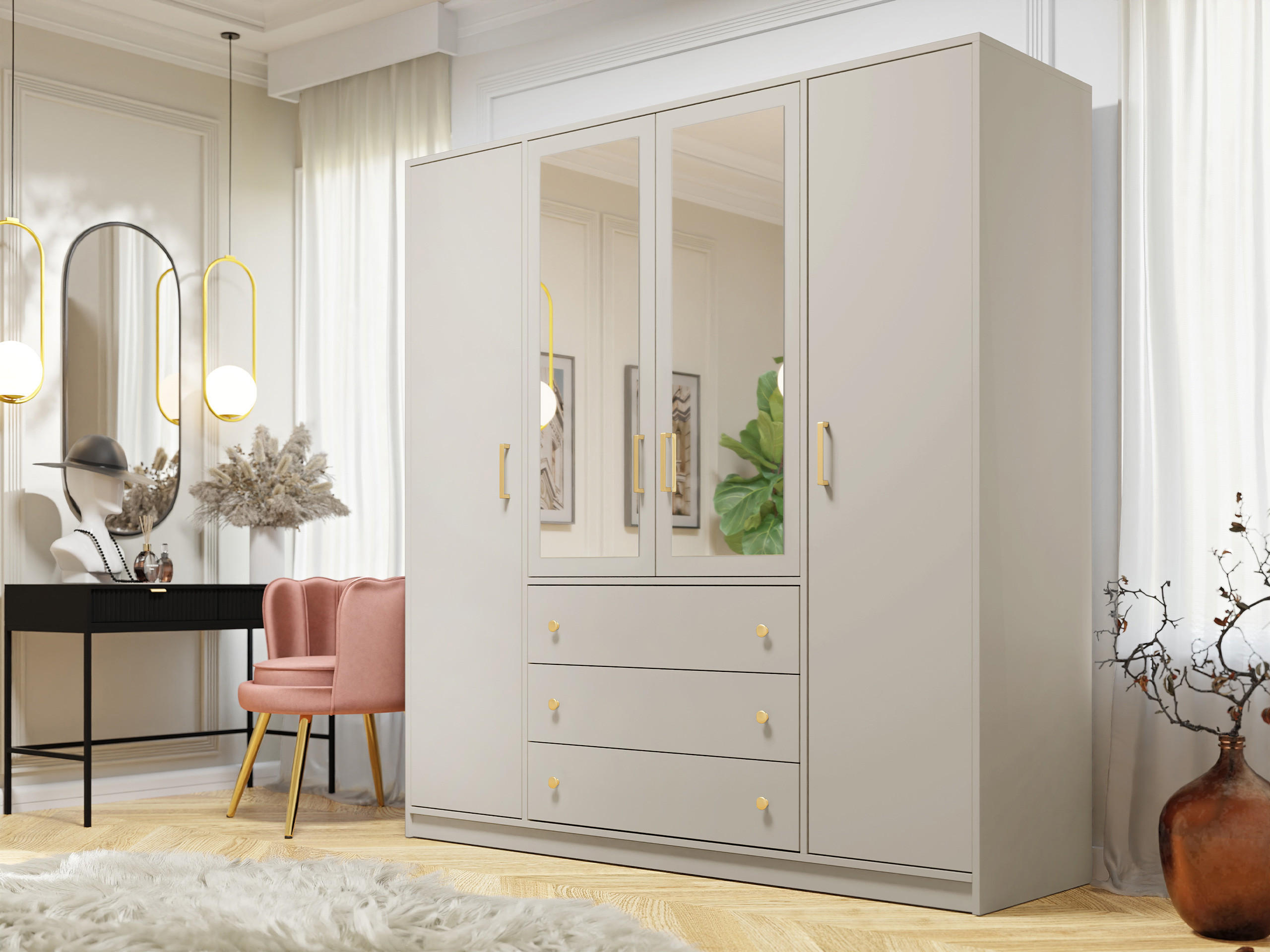 KLEIDERSCHRANK Retro Lux D4 - Kaschmir/Goldfarben, Holzwerkstoff (196/200/58cm) - MIRJAN24