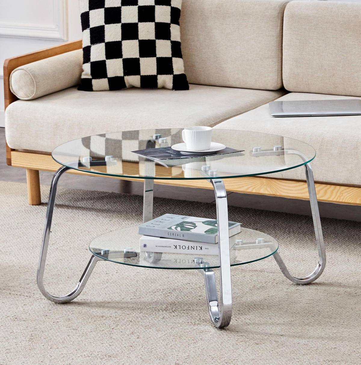 COUCHTISCH 2-stufig rund Metall Silber mit Glas - Grau, Metall (80/80/45cm) - Meubliv