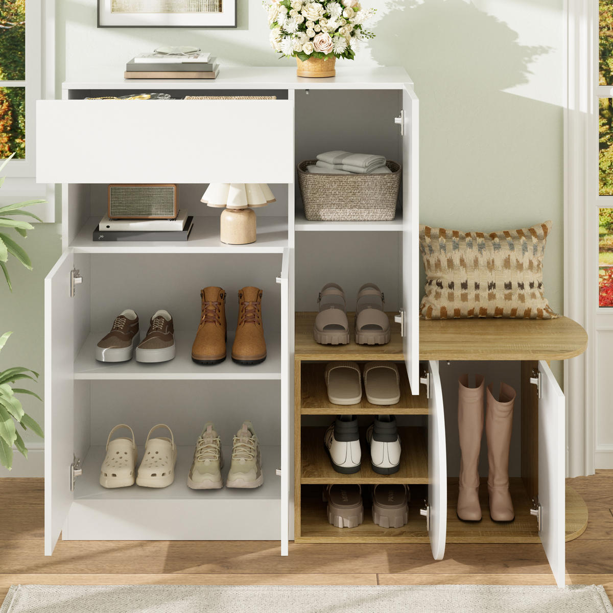 SCHUHSCHRANK mit Sitzbank 5 Türen Weiß Holzoptik Modern - Multicolor, Holzwerkstoff (130/110.5/35cm) - FLIEKS