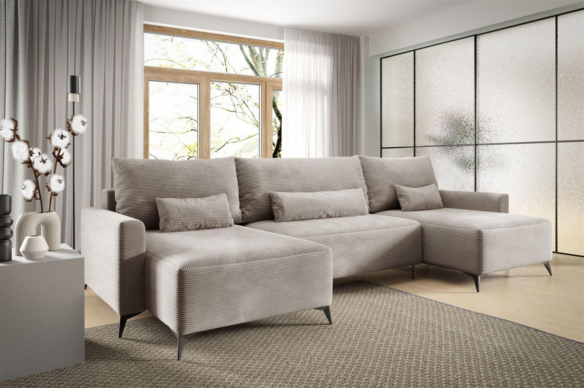 WOHNLANDSCHAFT Silves - Beige, Holzwerkstoff/Textil (382/81/148cm) - Fun Möbel