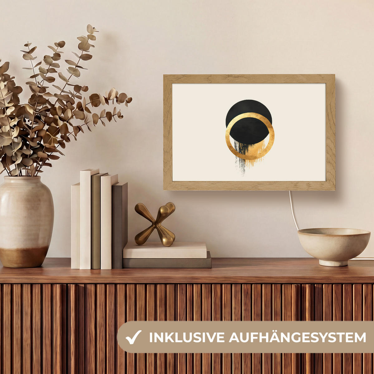 NÁSTĚNNÁ LAMPA Abstraktní design - Černý kruh - Skvrny od barvy 30x20 cm - krémová, kompozitní dřevo (30/20/8cm) - OnlyWow