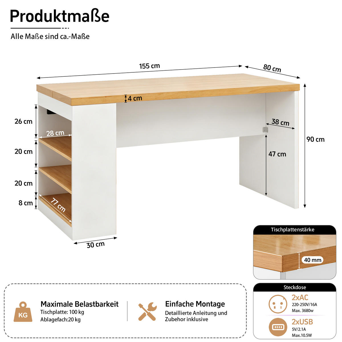 KÜCHENINSEL 90 cm MDF Weiß mit Arbeitsplatte und LED-Beleuchtung - Weiß, Holzwerkstoff (80/90/155cm) - Korfee