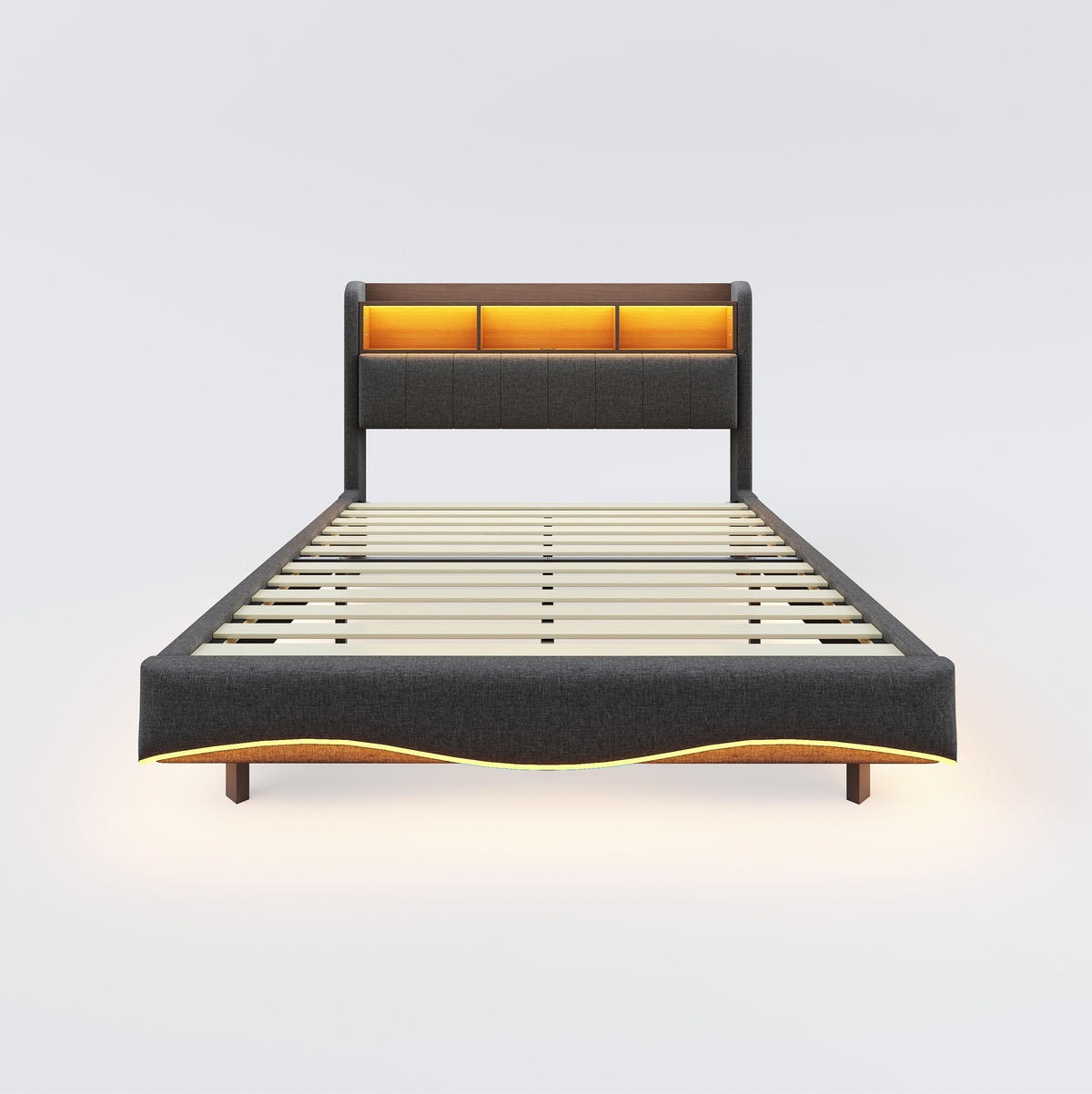 TAPECIRANI krevet 160/200 cm sivi od tkanine s LED rasvjetom, USB i Type-C priključcima - siva, tekstil (160/200cm) - OKWISH