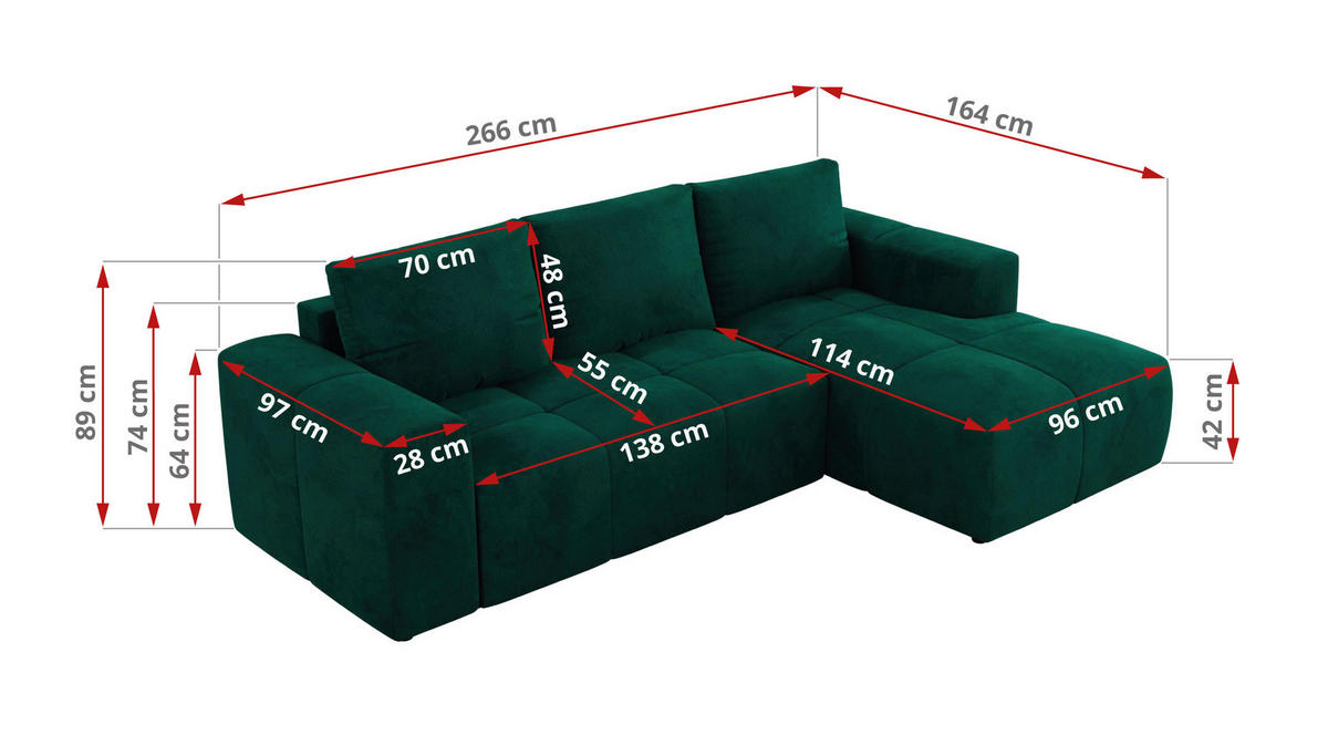 ECKSOFA MONIVA Dunkelgrün Velvet - Rechts - Dunkelgrün/Schwarz, Textil (266/164cm) - MKS