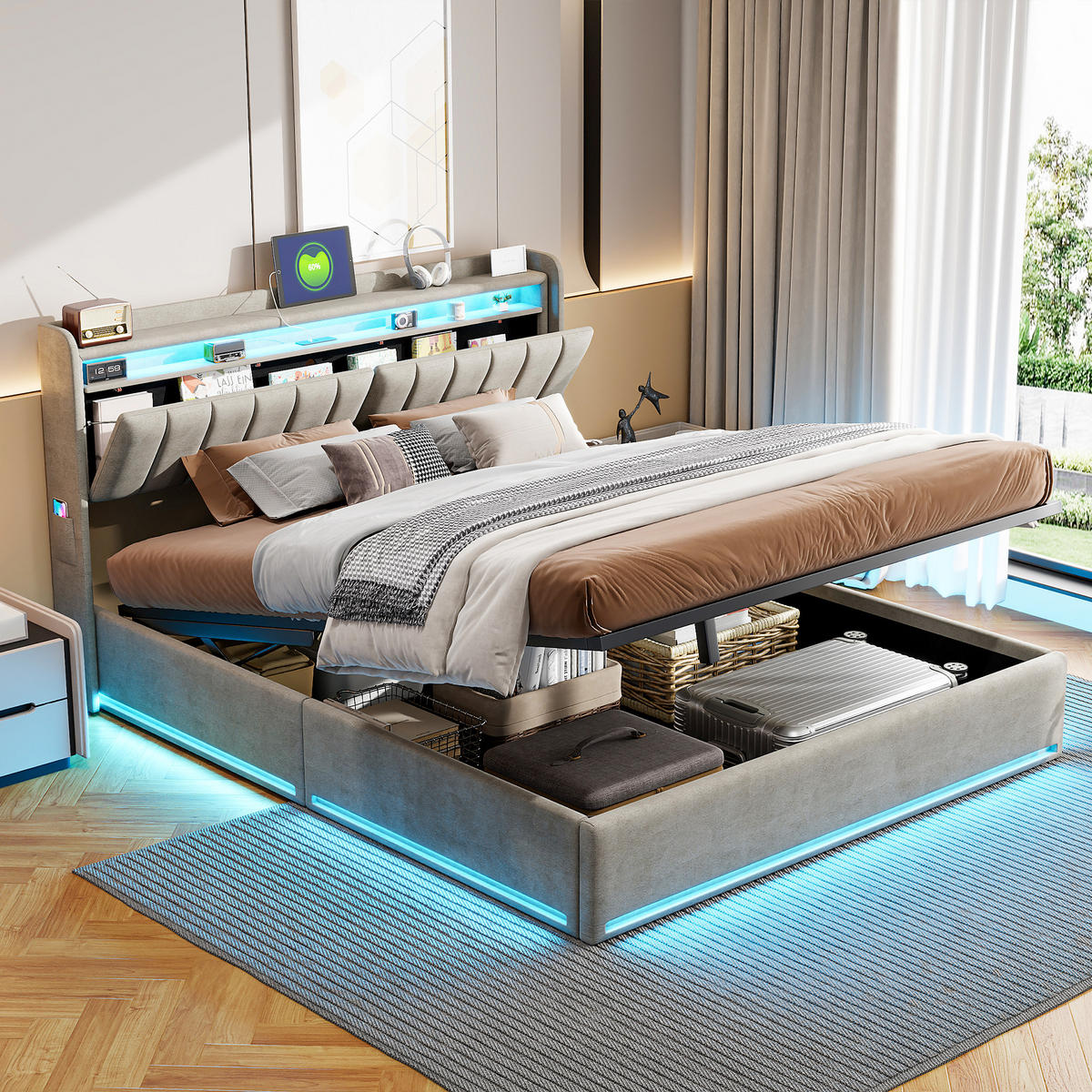 POLSTERBETT 140x200 cm mit Stauraum, LED-Beleuchtung und Ladefunktion,Grau - Naturfarben/Grau, Holz/Metall (140/200cm) - PARAFTA HOME