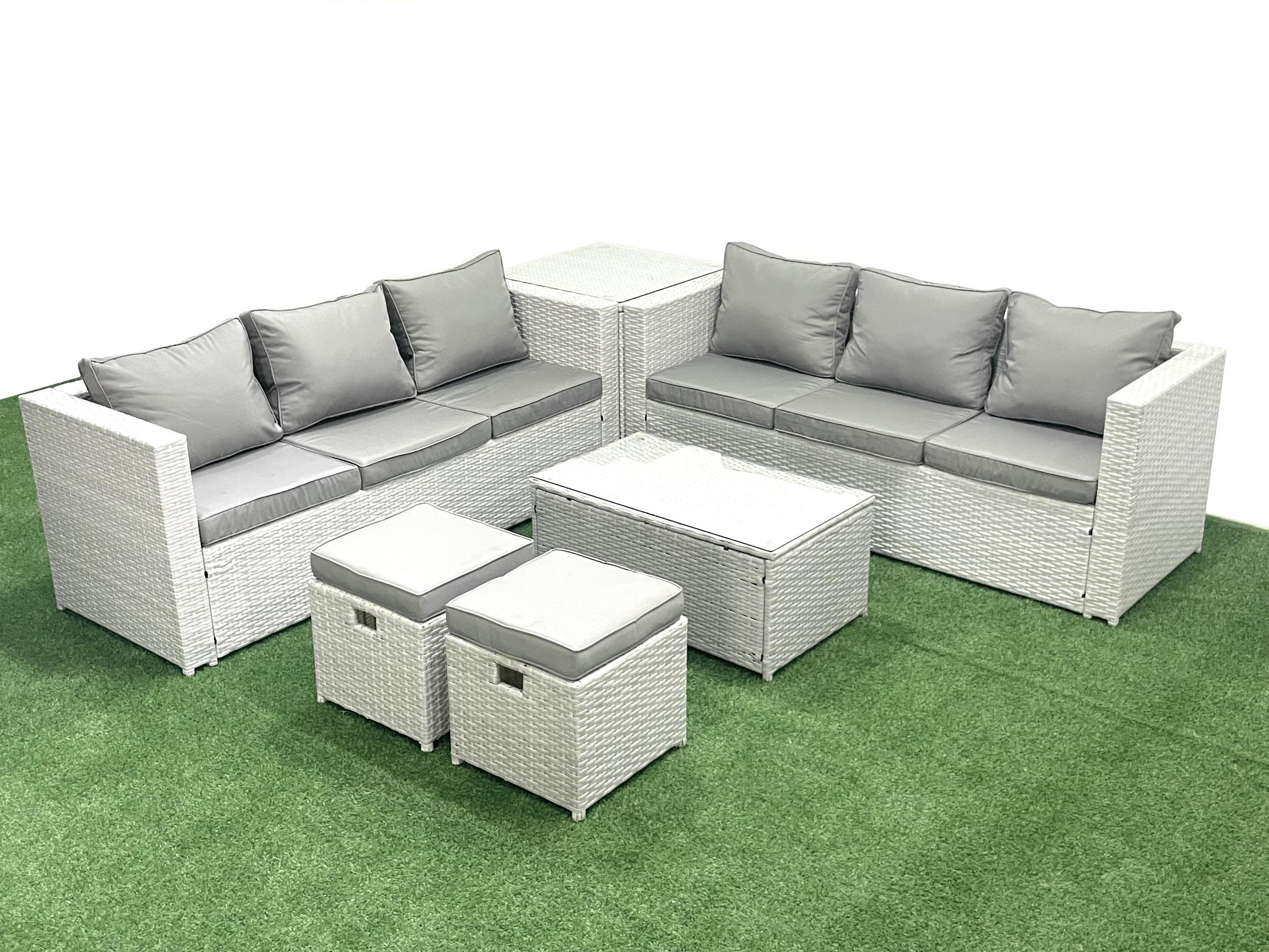 GARTENGARNITUR mit 3-SITZER SOFA,COUCHTISCH Polyrattan Hellgrau-Mix 8-Sitzer - Hellgrau/Grau, Glas/Kunststoff - Fimous