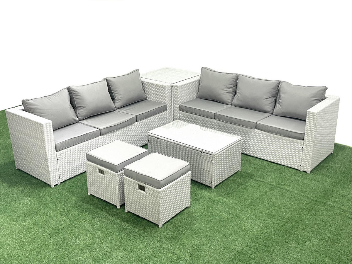 GARTENGARNITUR mit 3-SITZER SOFA,COUCHTISCH Polyrattan Hellgrau-Mix 8-Sitzer - Hellgrau/Grau, Glas/Kunststoff - Fimous