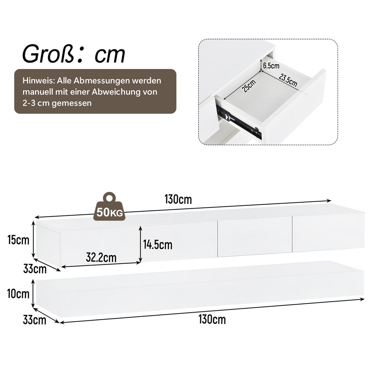 TV-ELEMENT wandhängend 130 x 33 cm MDF White mit LED-Beleuchtung - Weiß, Holzwerkstoff (33/15/130cm) - Beauniv