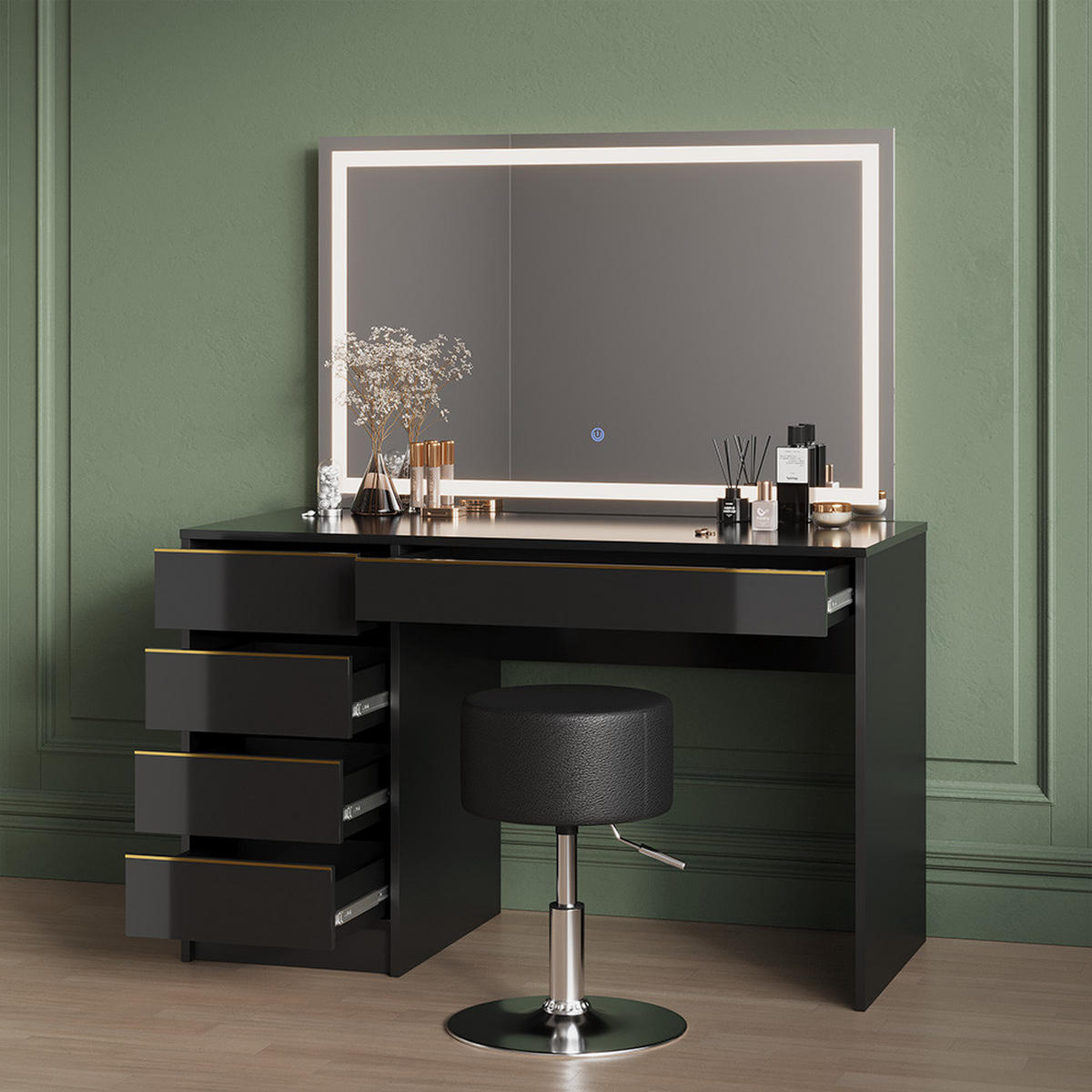 SCHMINKTISCH Imola Schwarz/Gold 120 cm mit LED-Spiegel - Goldfarben/Schwarz, Holzwerkstoff (120/75/55cm) - Livinity®