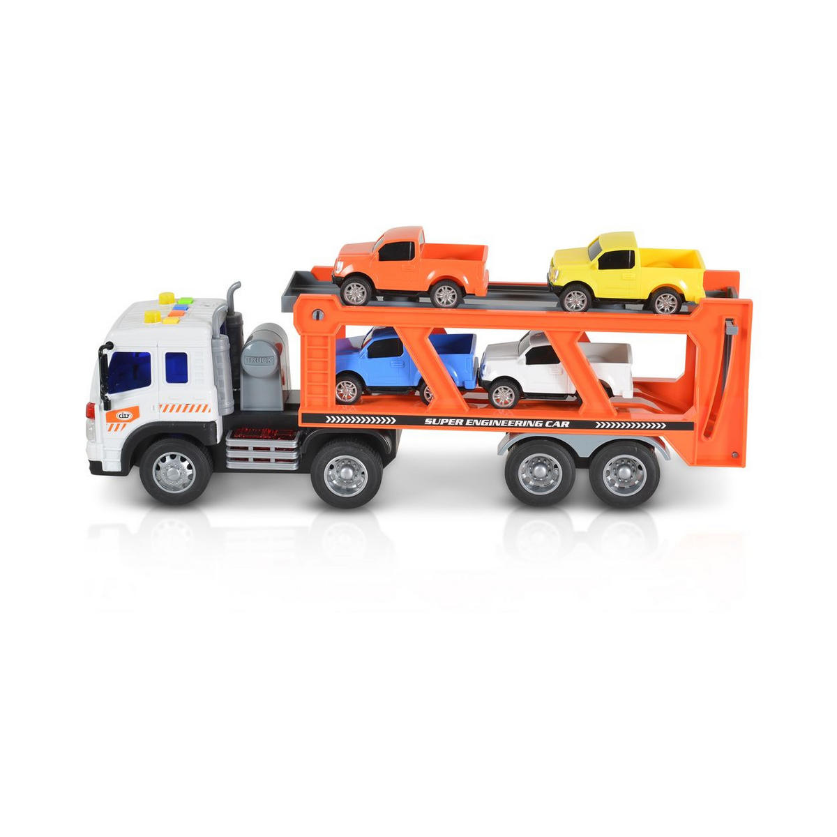 SPIELZEUG AUTOTRANSPORTER Autotransporter WY572A orange 1:16, Soundfunktion, Ladefläche, 4 Autos, Kunststoff, Autotransporter - Orange, Kunststoff (9/13/38cm) - Moni
