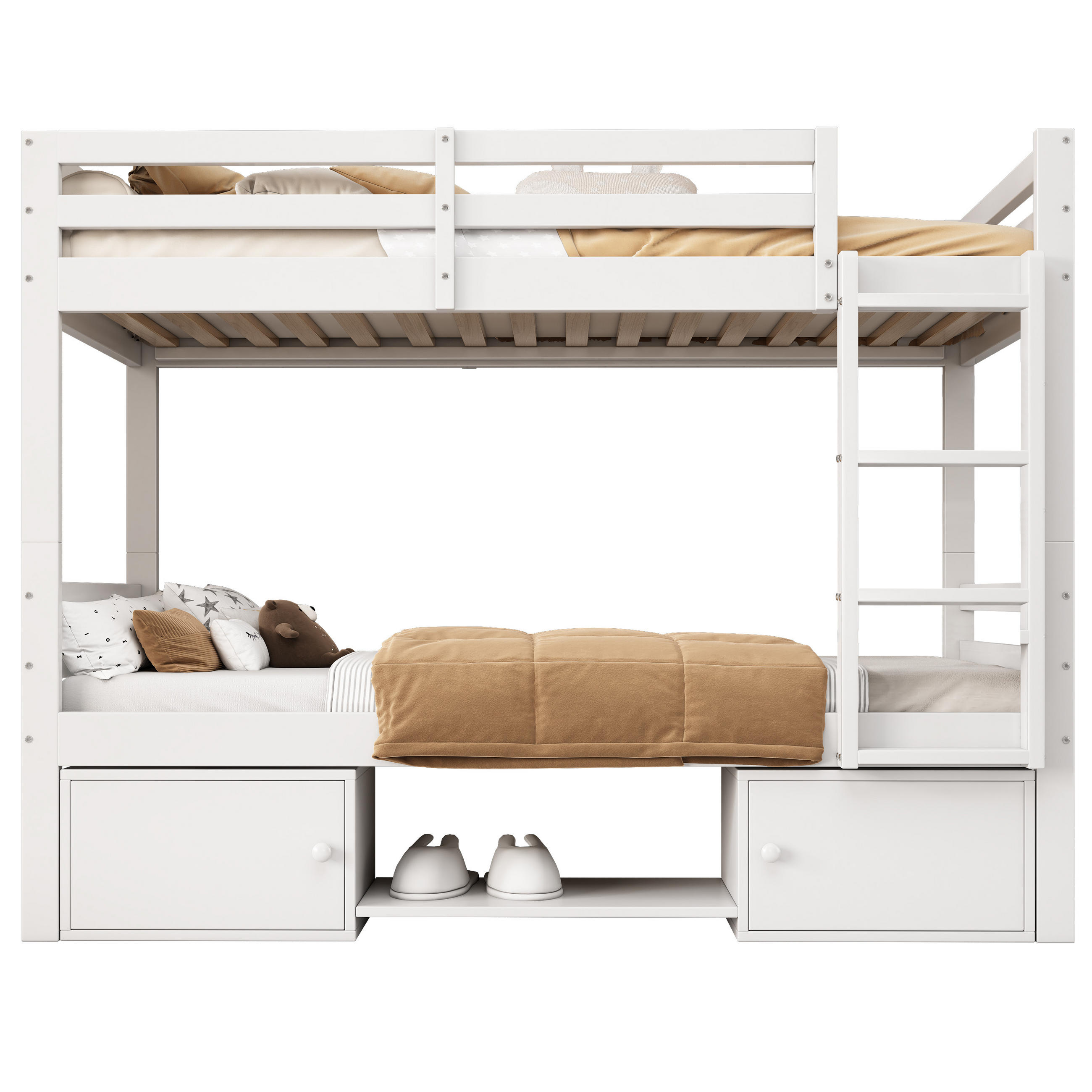 ETAGENBETT 90/200 cm Weiß mit Schuhregalen und Schließfächern aus Massivholz - Weiß, Holzwerkstoff (90/200cm) - OKWISH