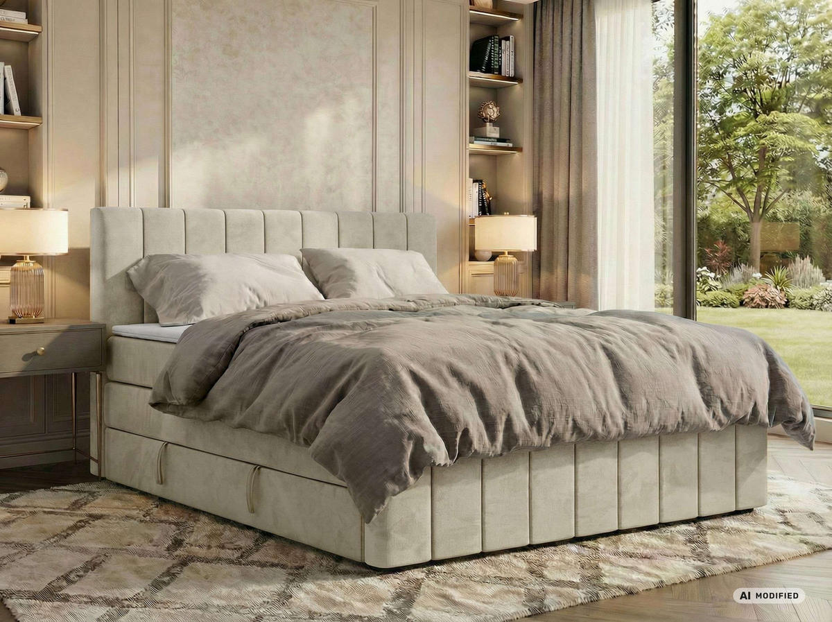 BOXSPRINGBETT ALVER KING DUO 140/200 - Beige Velvet - Topper T25 - H3 - Beige/Schwarz, Kunststoff/Textil (140/200cm) - MKS